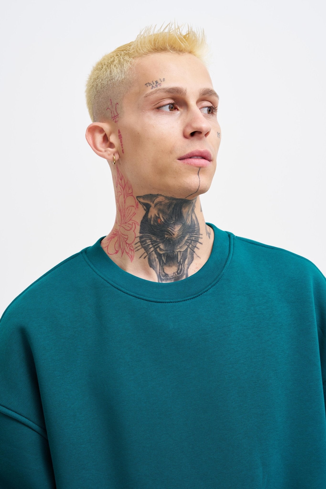 Erkek Basic Bisiklet Yaka Oversize Sweatshirt Yağ Yeşili - Image 3