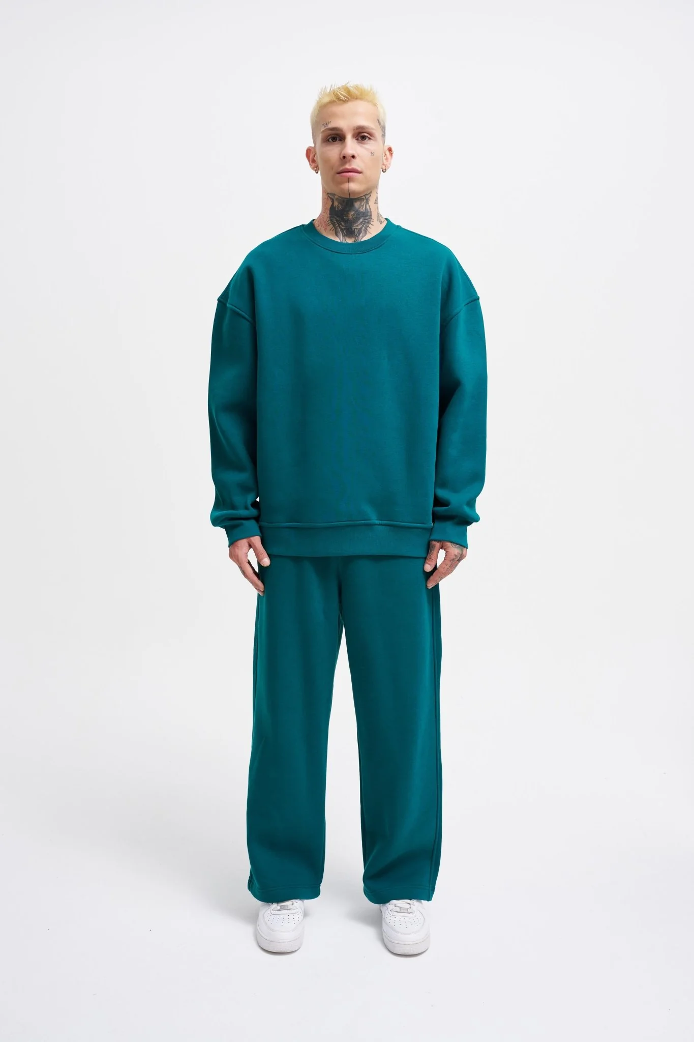 Erkek Basic Bisiklet Yaka Oversize Sweatshirt Yağ Yeşili - Image 5
