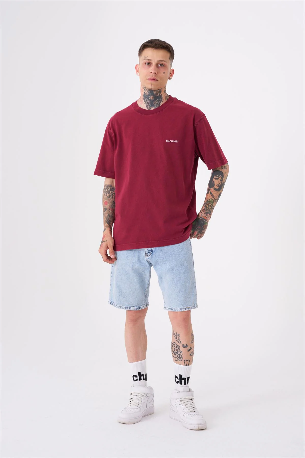 Erkek Basic Yıkamalı Relaxed Tişört Koyu Kırmızı - Image 3