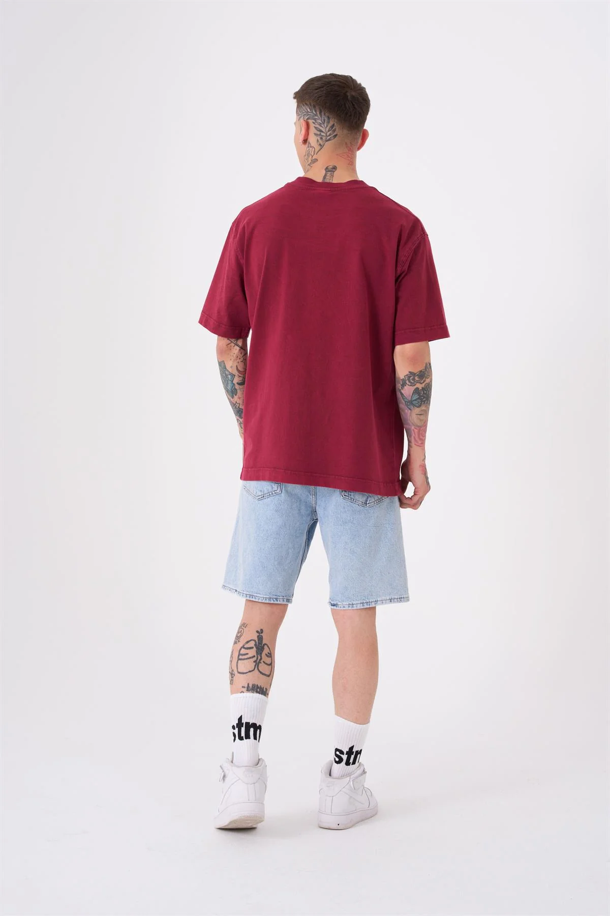 Erkek Basic Yıkamalı Relaxed Tişört Koyu Kırmızı - Image 4