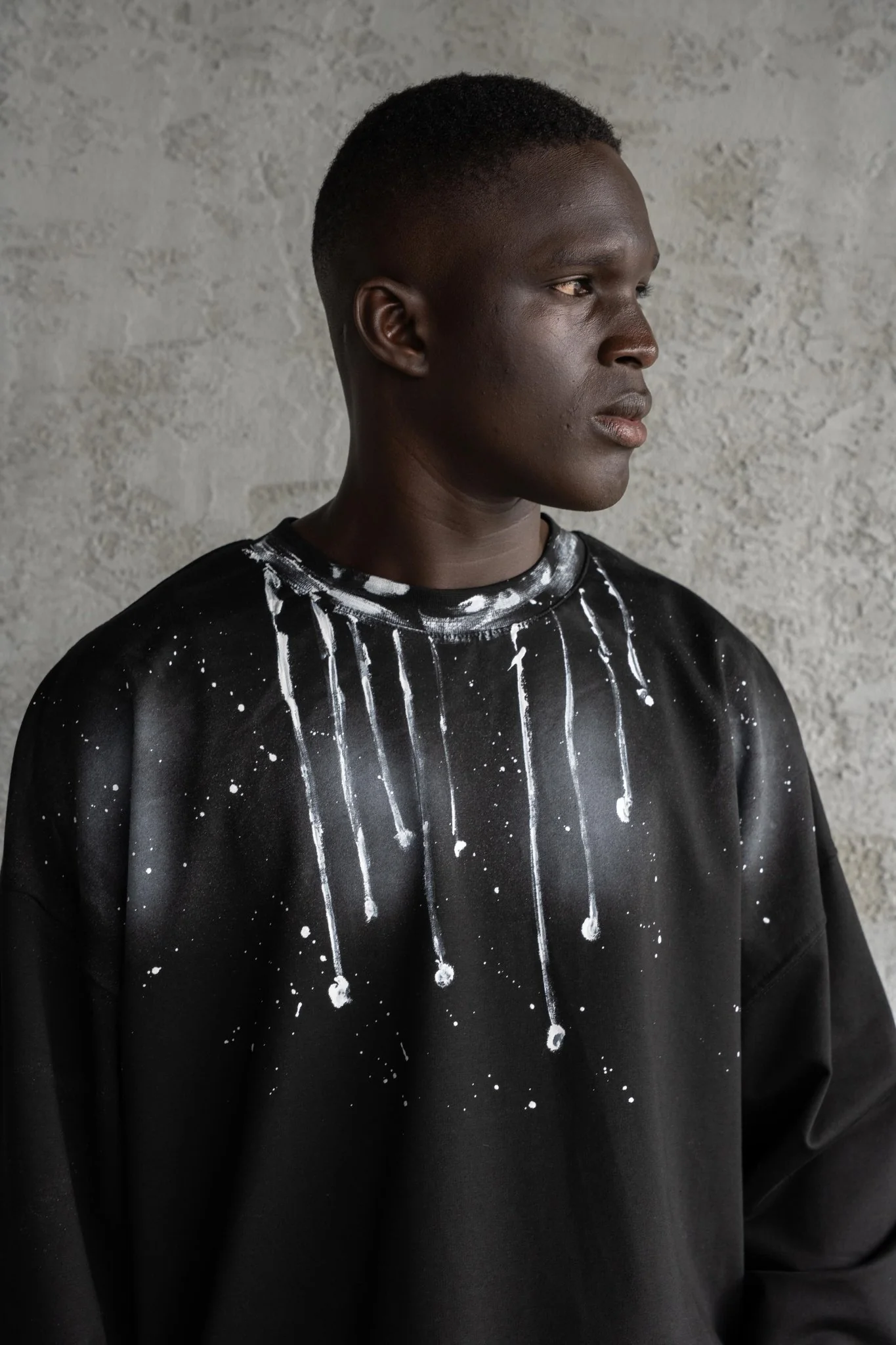 Erkek Hand Made Boya Baskılı Oversize Uzun Kollu Tişört Siyah - Image 4