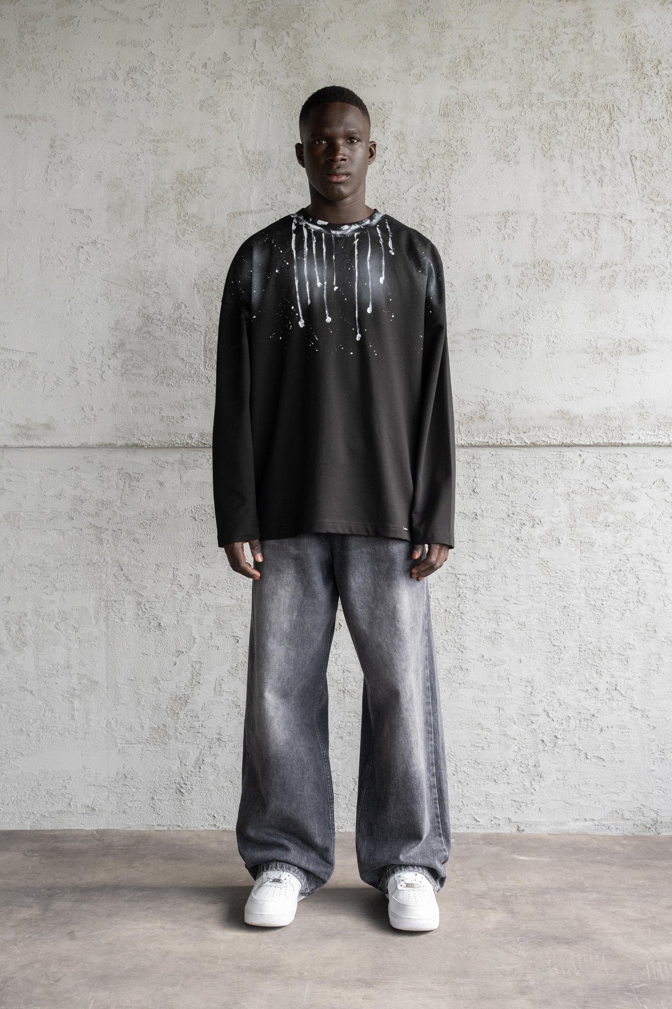 Erkek Hand Made Boya Baskılı Oversize Uzun Kollu Tişört Siyah - Image 5