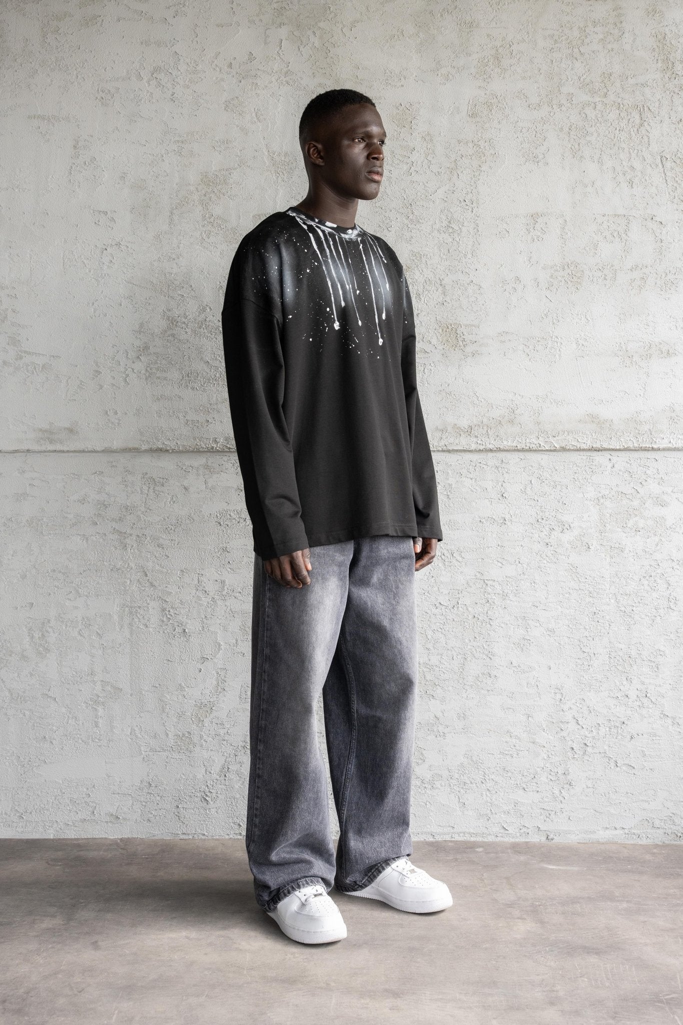 Erkek Hand Made Boya Baskılı Oversize Uzun Kollu Tişört Siyah - Image 6