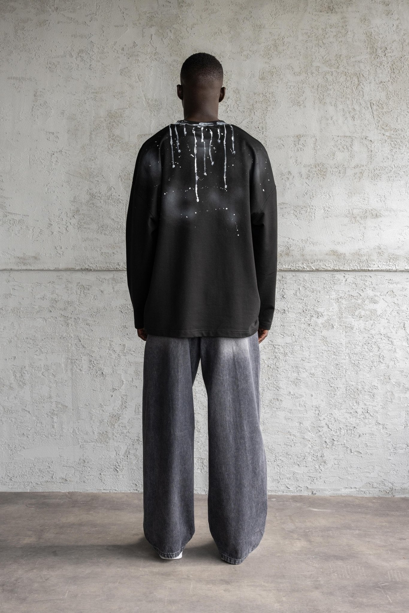 Erkek Hand Made Boya Baskılı Oversize Uzun Kollu Tişört Siyah - Image 7