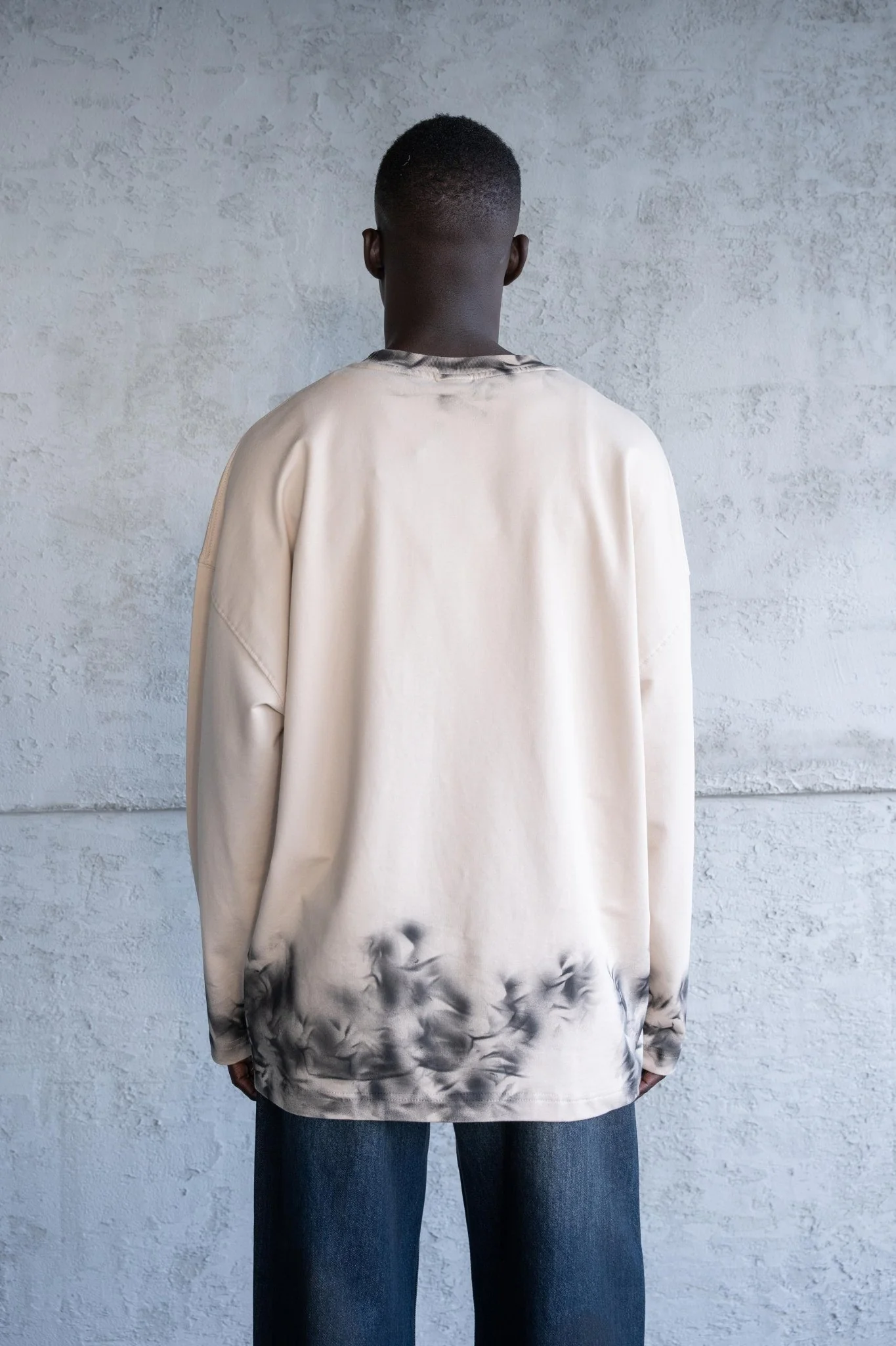 Erkek Hand Made Efekt Baskılı Oversize Uzun Kollu Tişört Açık Bej - Image 3