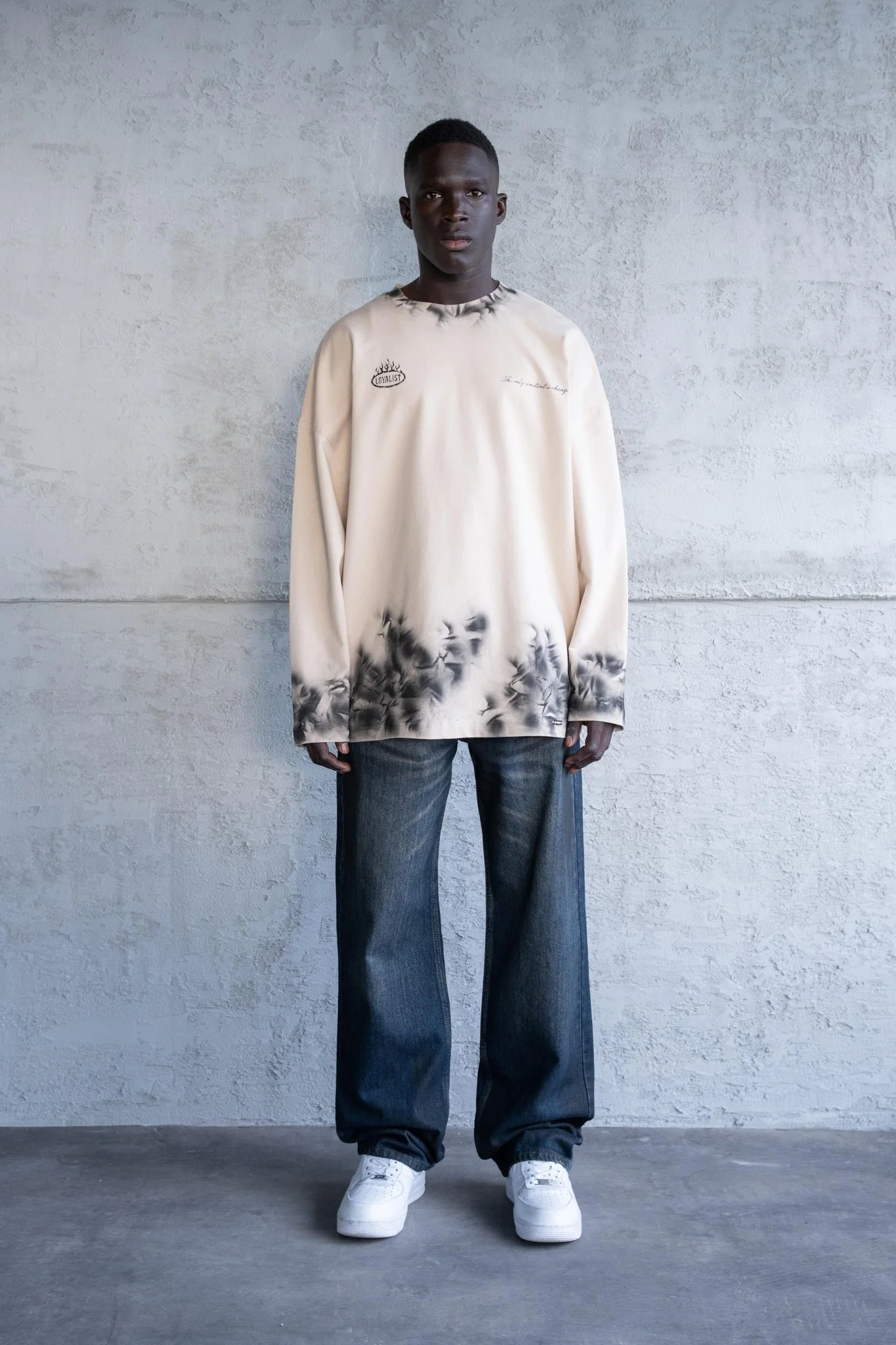 Erkek Hand Made Efekt Baskılı Oversize Uzun Kollu Tişört Açık Bej - Image 4