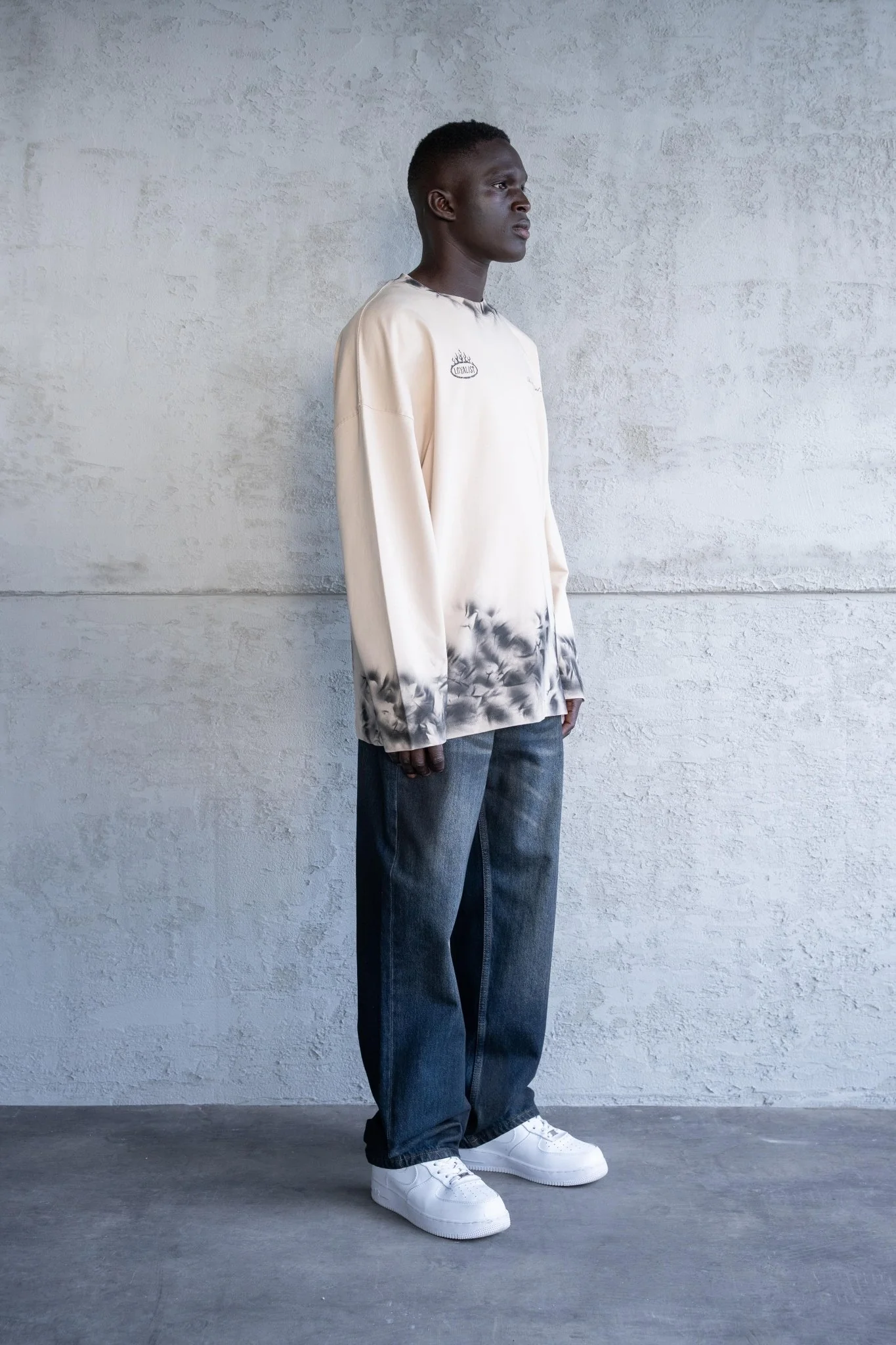 Erkek Hand Made Efekt Baskılı Oversize Uzun Kollu Tişört Açık Bej - Image 5