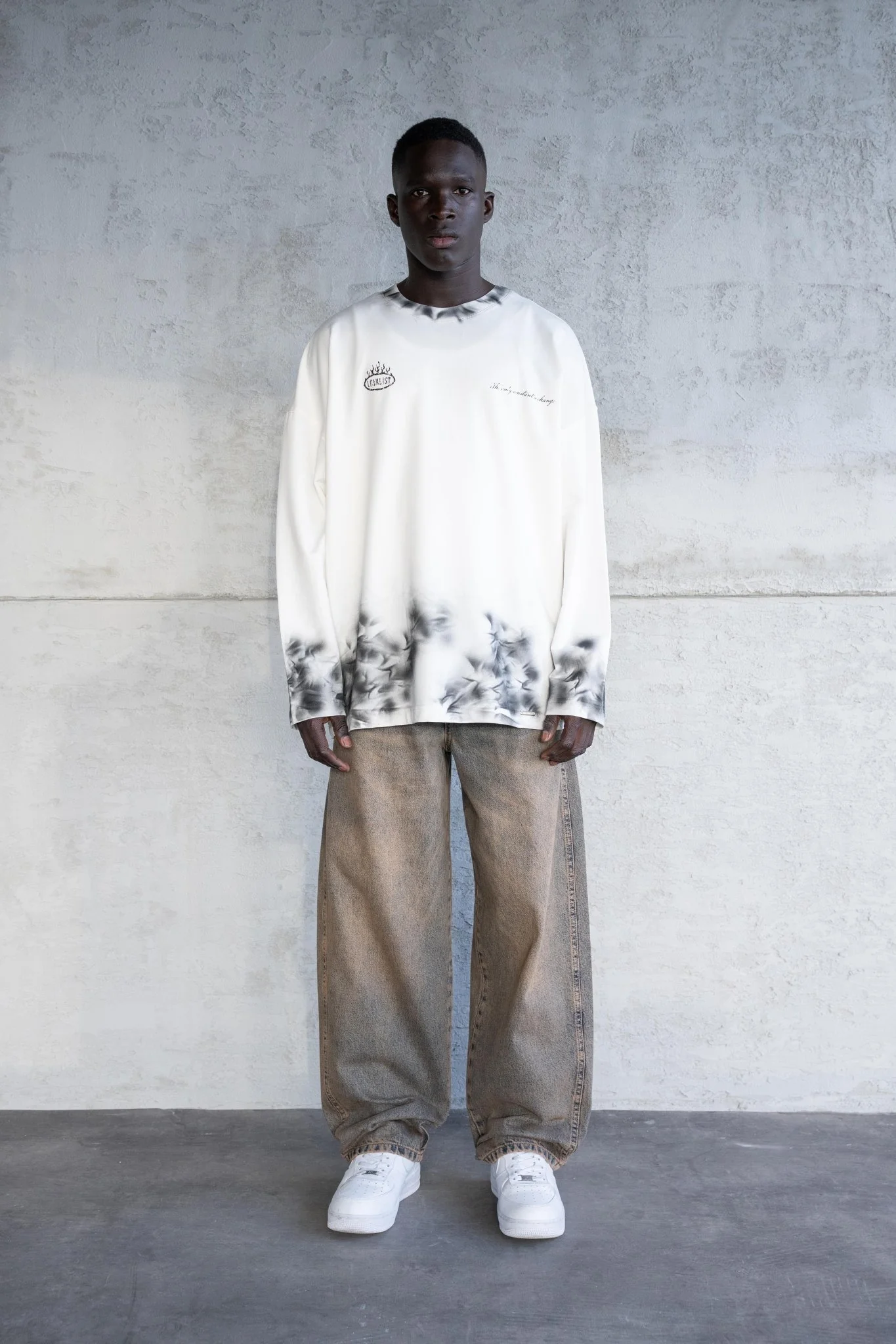 Erkek Hand Made Efekt Baskılı Oversize Uzun Kollu Tişört Ekru - Image 4