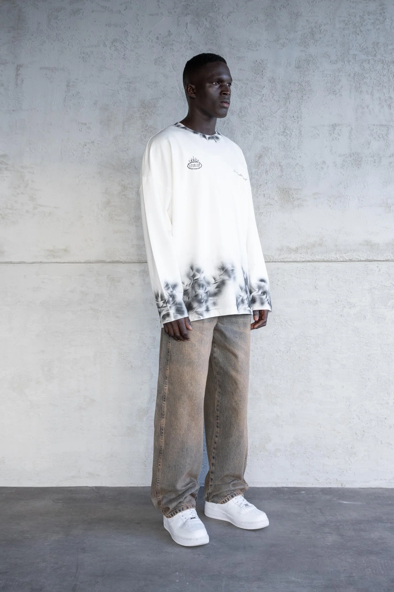 Erkek Hand Made Efekt Baskılı Oversize Uzun Kollu Tişört Ekru - Image 5