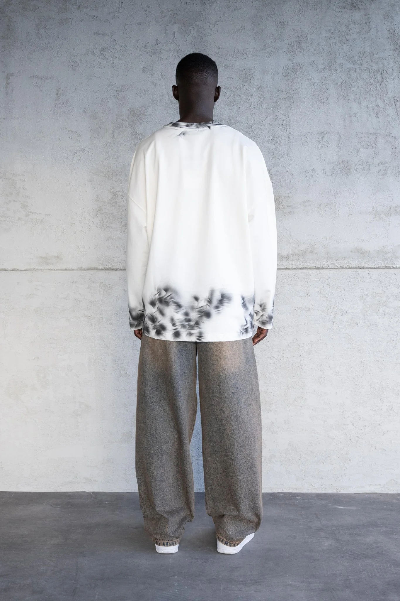 Erkek Hand Made Efekt Baskılı Oversize Uzun Kollu Tişört Ekru - Image 6