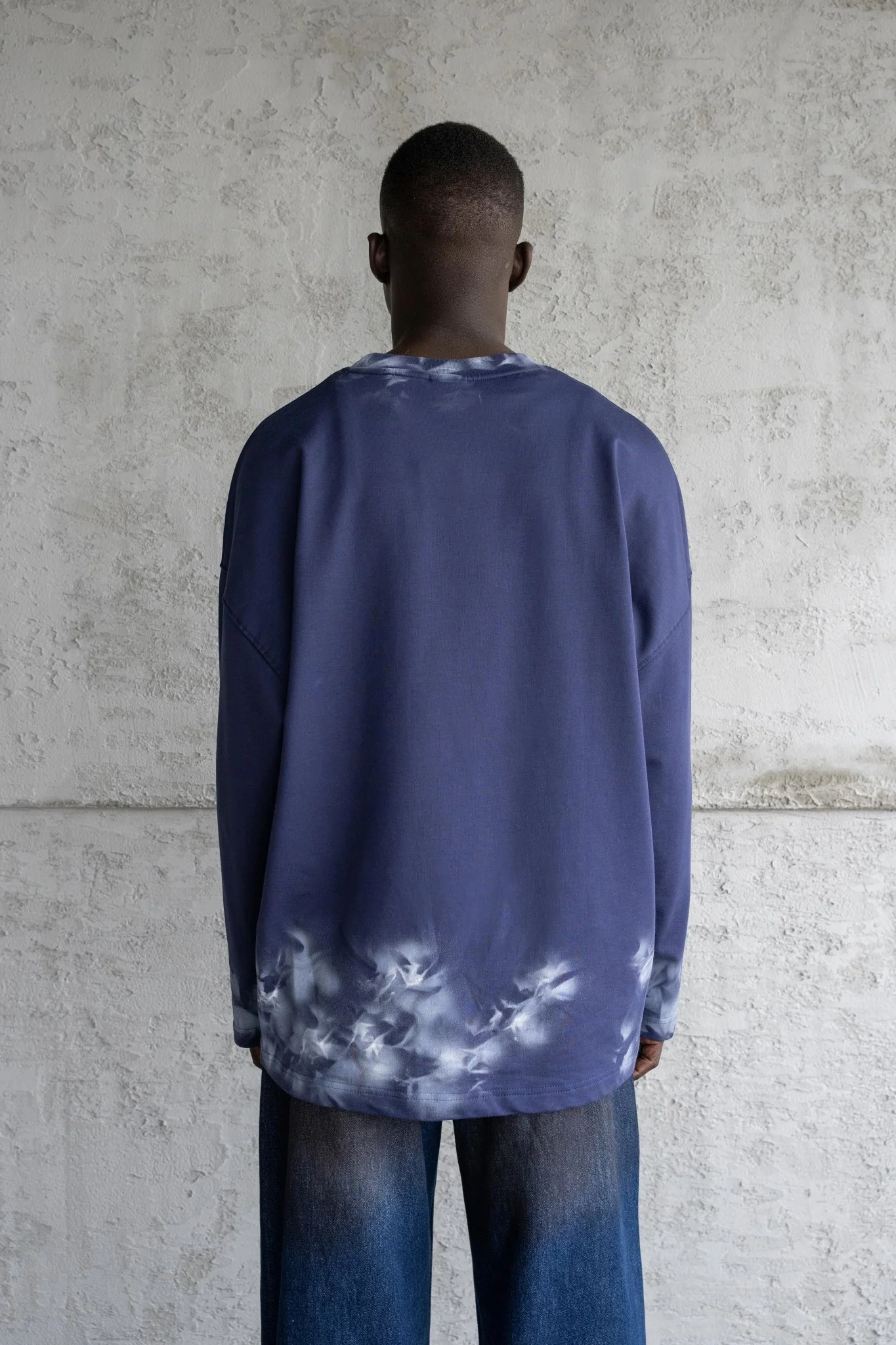 Erkek Hand Made Efekt Baskılı Oversize Uzun Kollu Tişört Gece Mavisi - Image 3