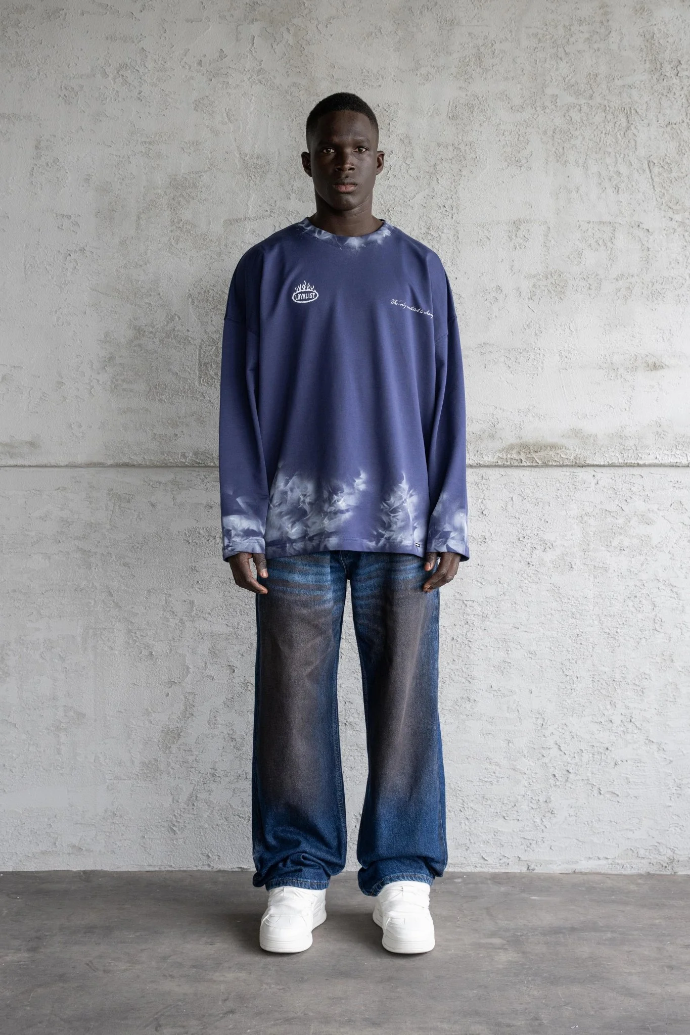 Erkek Hand Made Efekt Baskılı Oversize Uzun Kollu Tişört Gece Mavisi - Image 4