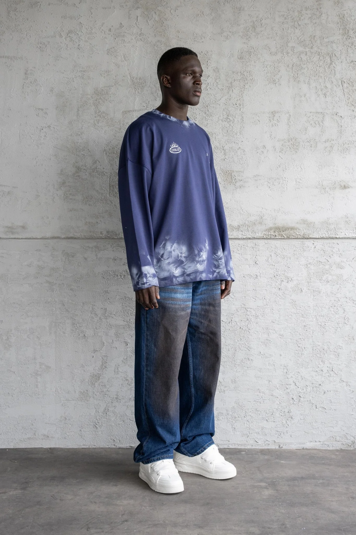 Erkek Hand Made Efekt Baskılı Oversize Uzun Kollu Tişört Gece Mavisi - Image 5