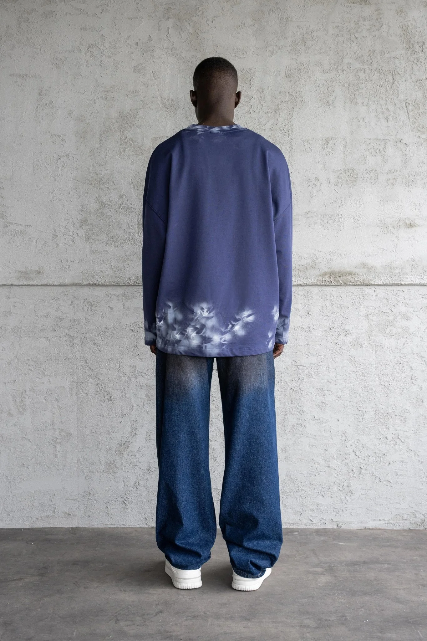 Erkek Hand Made Efekt Baskılı Oversize Uzun Kollu Tişört Gece Mavisi - Image 6