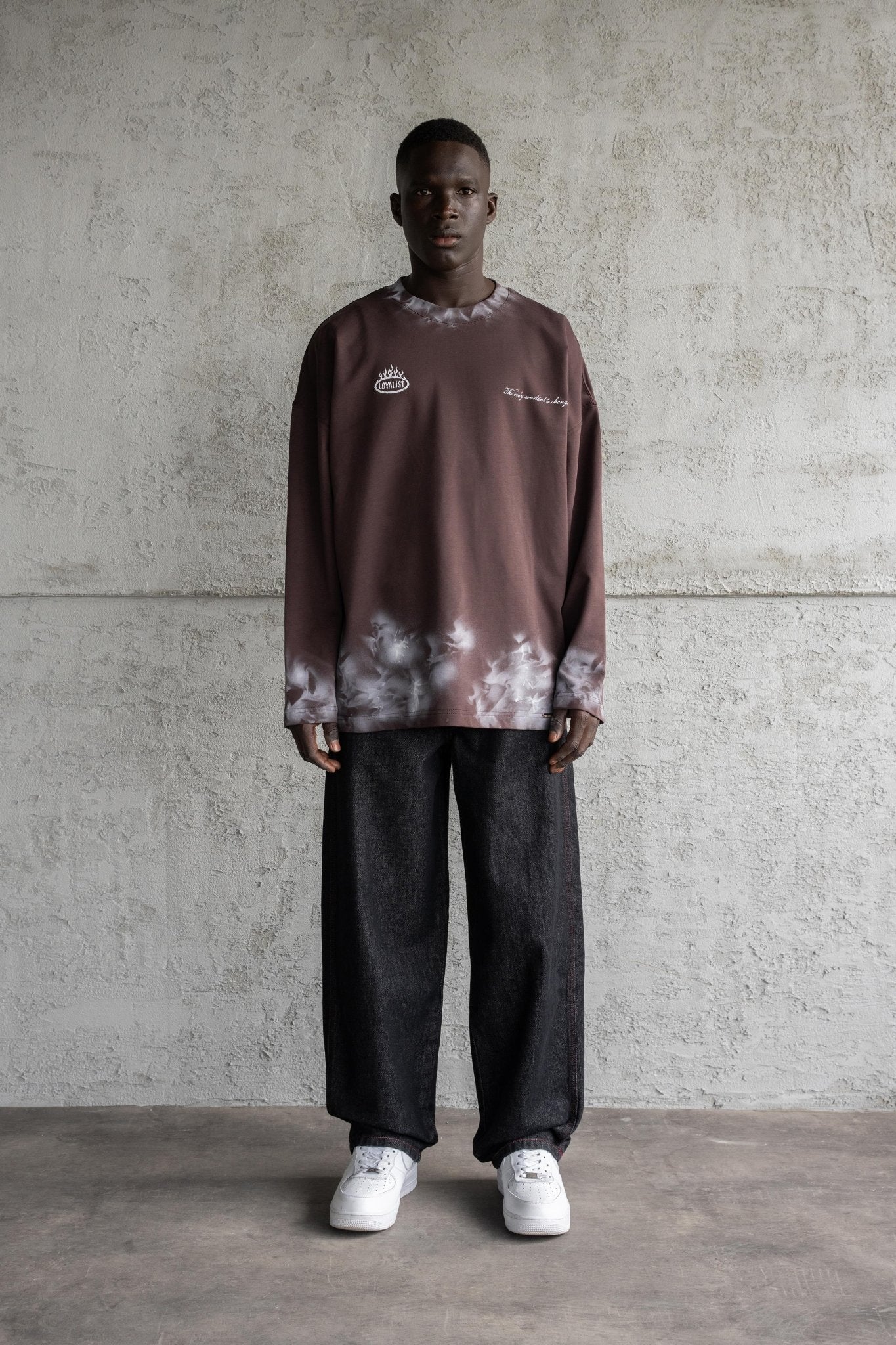 Erkek Hand Made Efekt Baskılı Oversize Uzun Kollu Tişört Kahverengi - Image 5