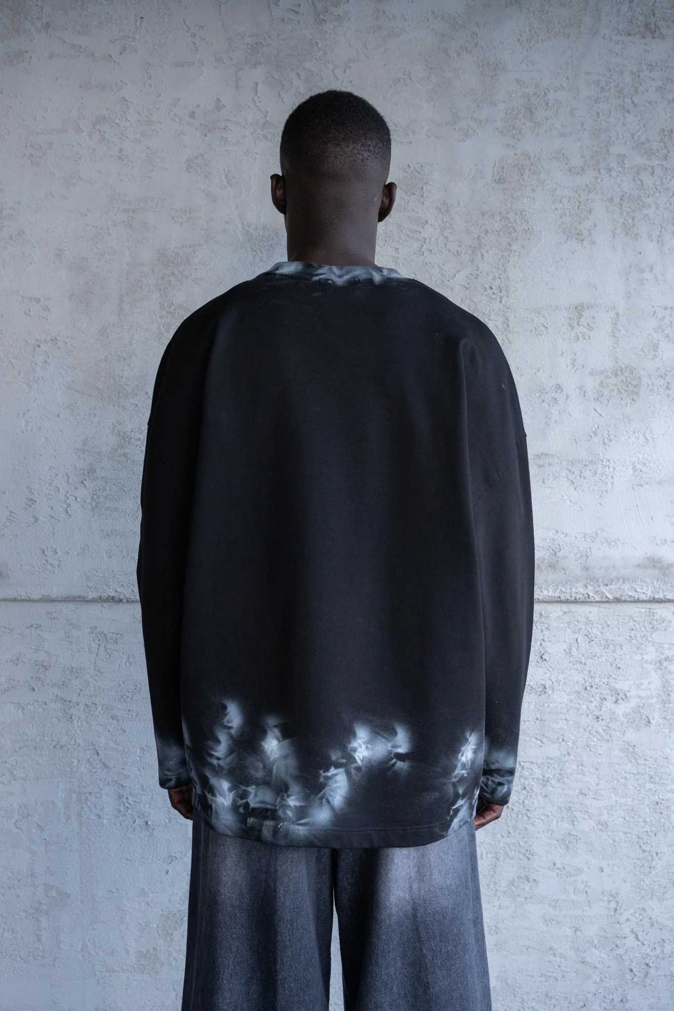 Erkek Hand Made Efekt Baskılı Oversize Uzun Kollu Tişört Siyah - Image 3