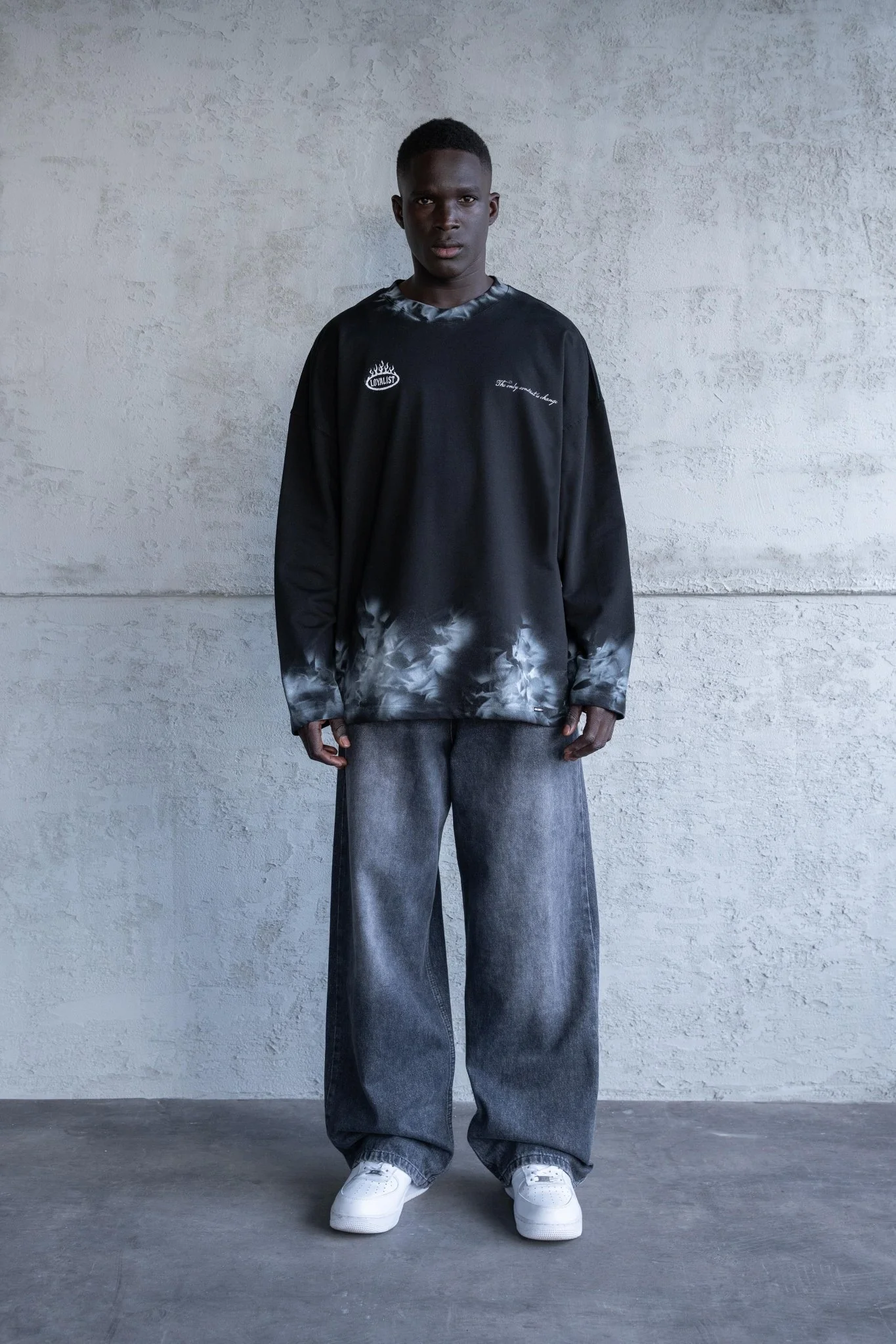 Erkek Hand Made Efekt Baskılı Oversize Uzun Kollu Tişört Siyah - Image 5