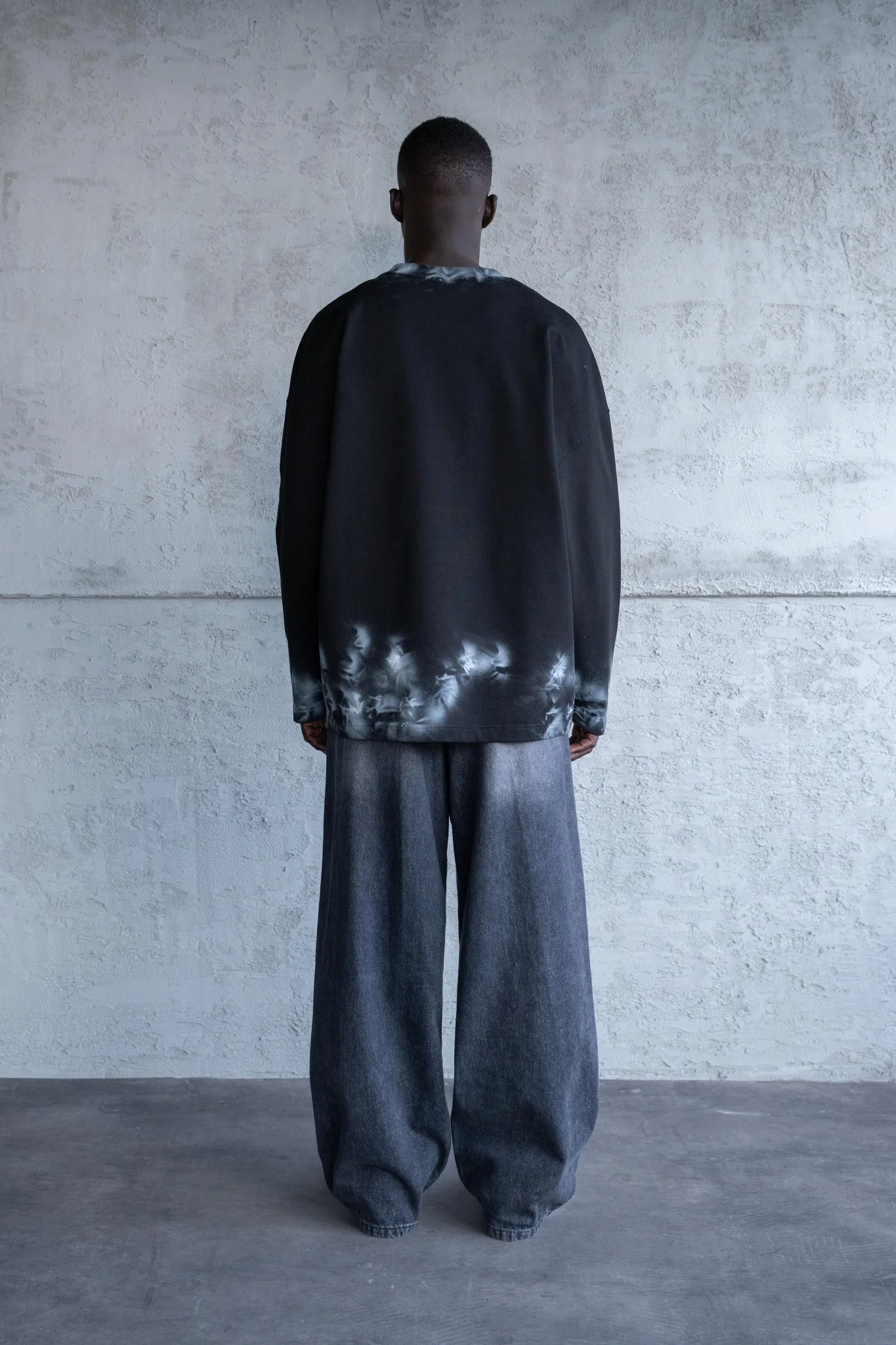 Erkek Hand Made Efekt Baskılı Oversize Uzun Kollu Tişört Siyah - Image 6