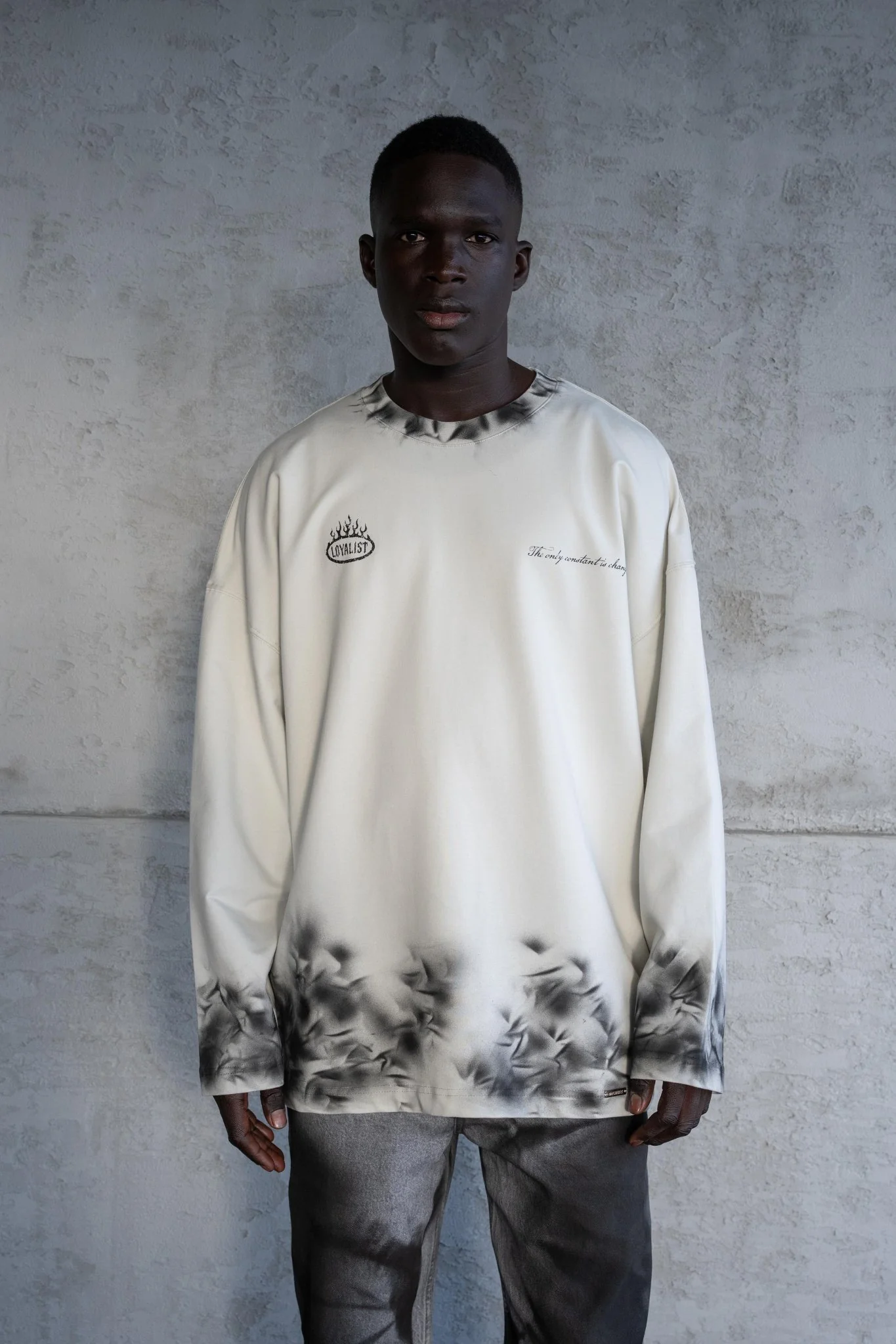 Erkek Hand Made Efekt Baskılı Oversize Uzun Kollu Tişört Uzay Grisi - Image 3