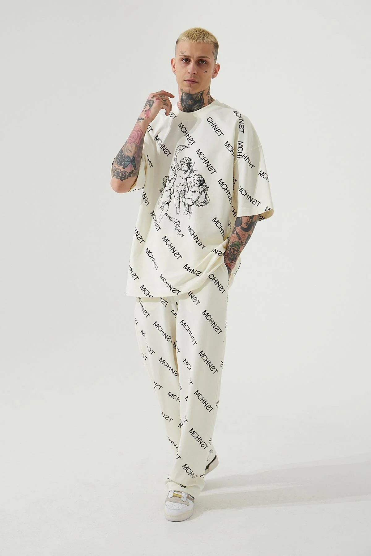 Erkek Mchnst Angels Baskılı Oversize Tişört Pamuk Beyaz - Image 4