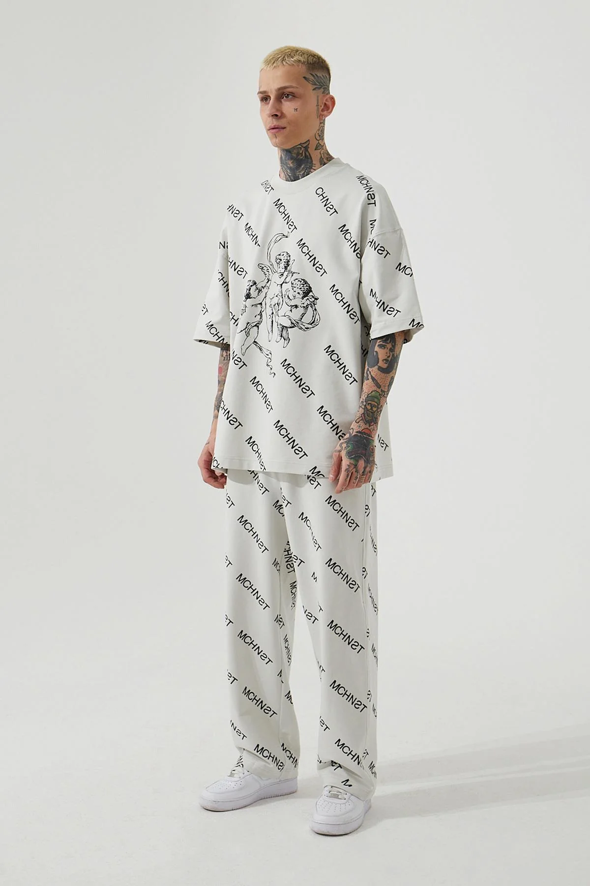 Erkek Mchnst Angels Baskılı Oversize Tişört Uzay Grisi - Image 3