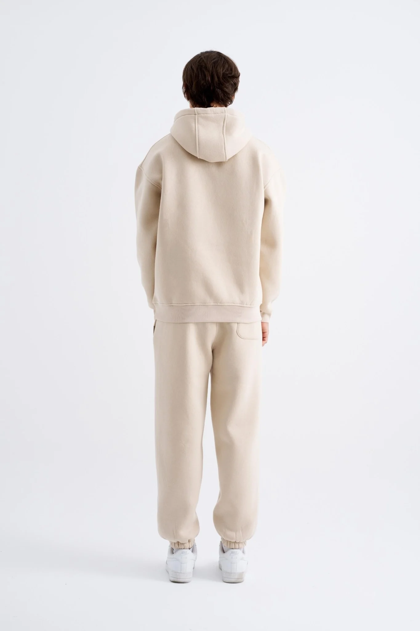 Erkek Oversize Basic Kapüşonlu Sweatshirt Açık Bej - Image 6