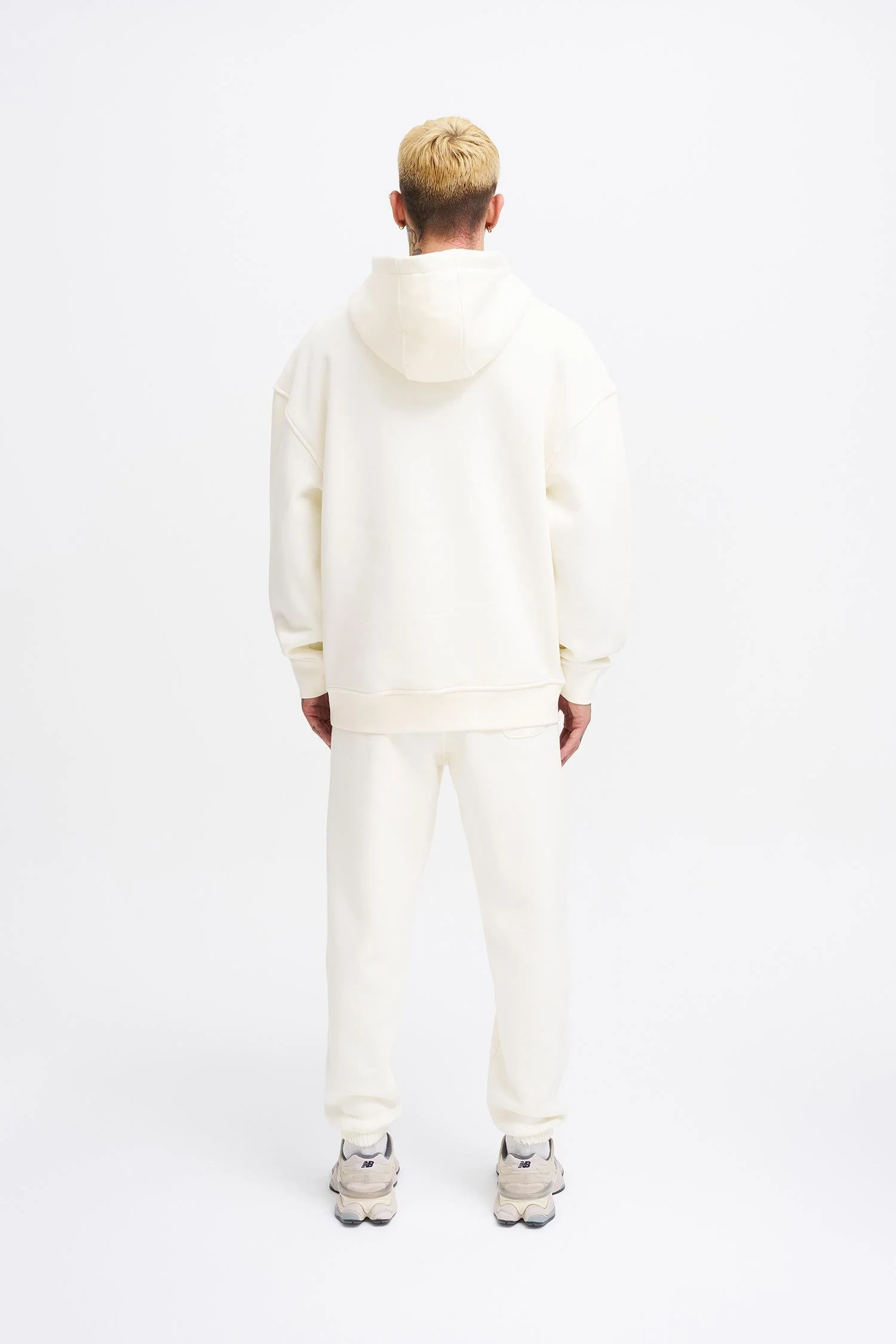 Erkek Oversize Basic Kapüşonlu Sweatshirt Ekru - Image 7
