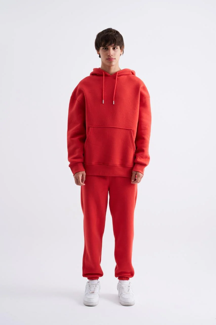 Erkek Oversize Basic Kapüşonlu Sweatshirt Kırmızı - Image 3