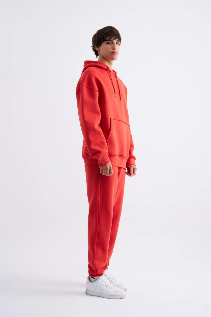 Erkek Oversize Basic Kapüşonlu Sweatshirt Kırmızı - Image 4