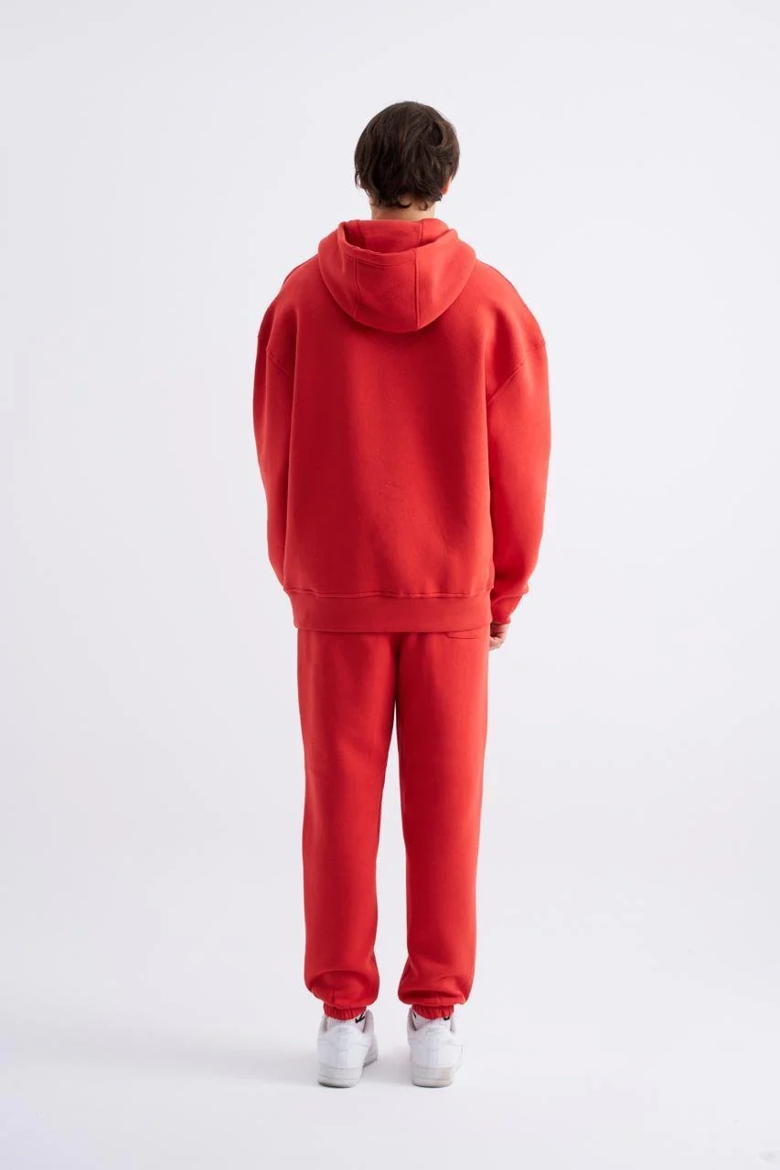 Erkek Oversize Basic Kapüşonlu Sweatshirt Kırmızı - Image 5