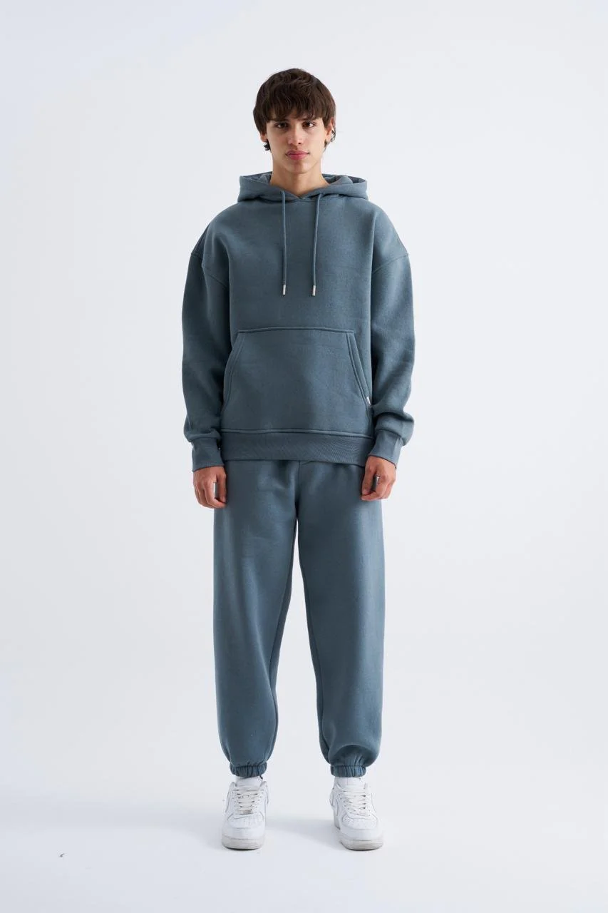 Erkek Oversize Basic Kapüşonlu Sweatshirt Mavi Duman - Image 3