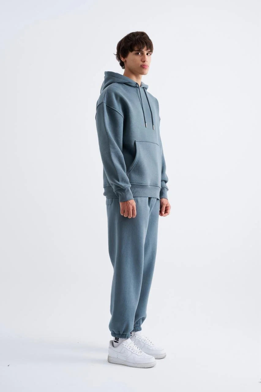 Erkek Oversize Basic Kapüşonlu Sweatshirt Mavi Duman - Image 4