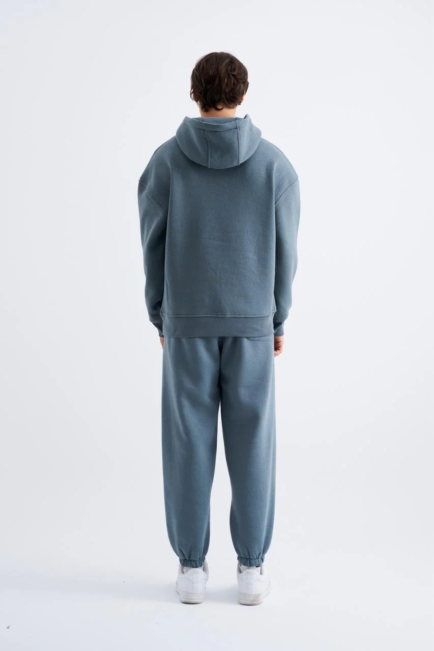Erkek Oversize Basic Kapüşonlu Sweatshirt Mavi Duman - Image 5