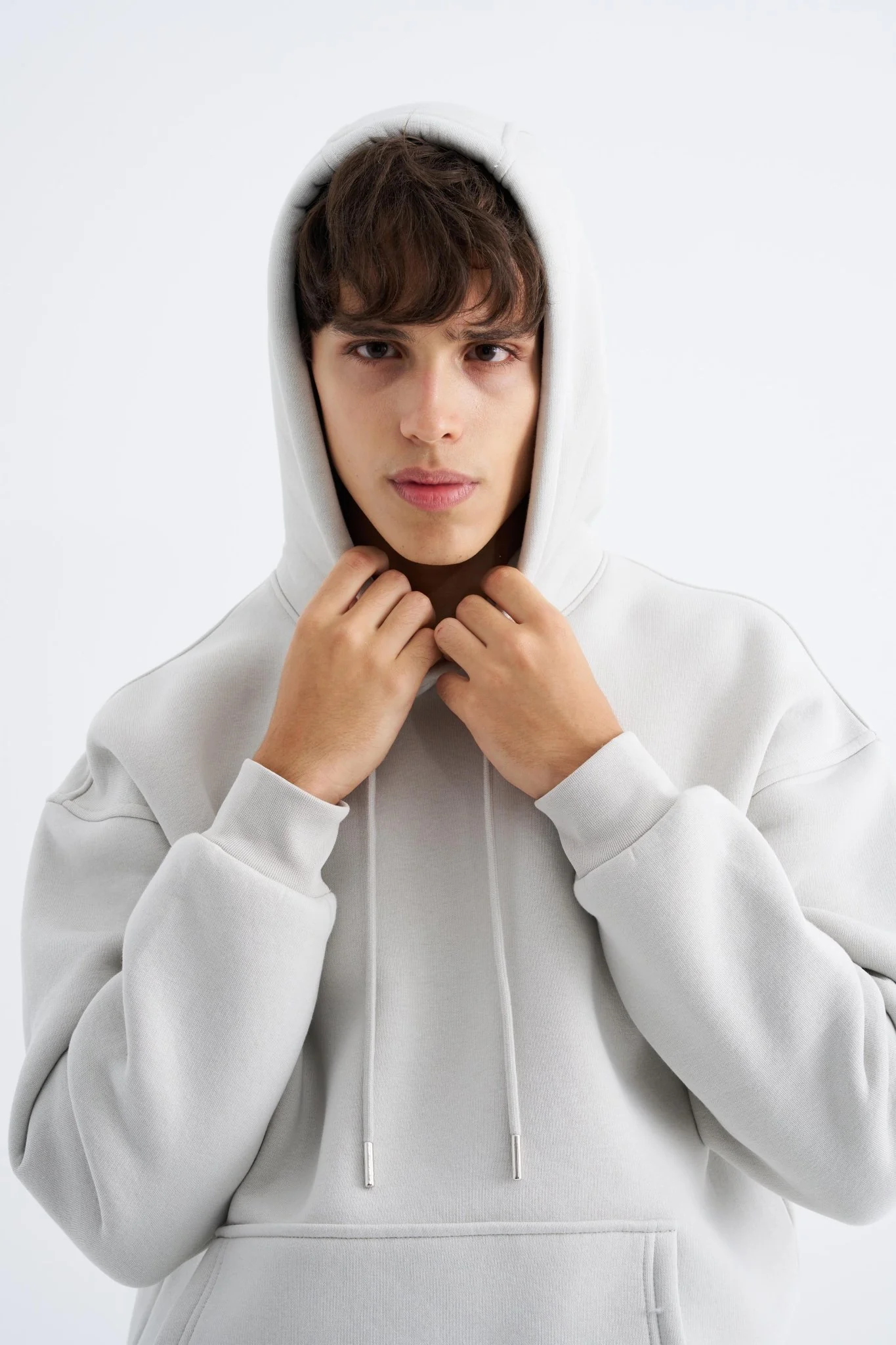 Erkek Oversize Basic Kapüşonlu Sweatshirt Uzay Grisi - Image 4