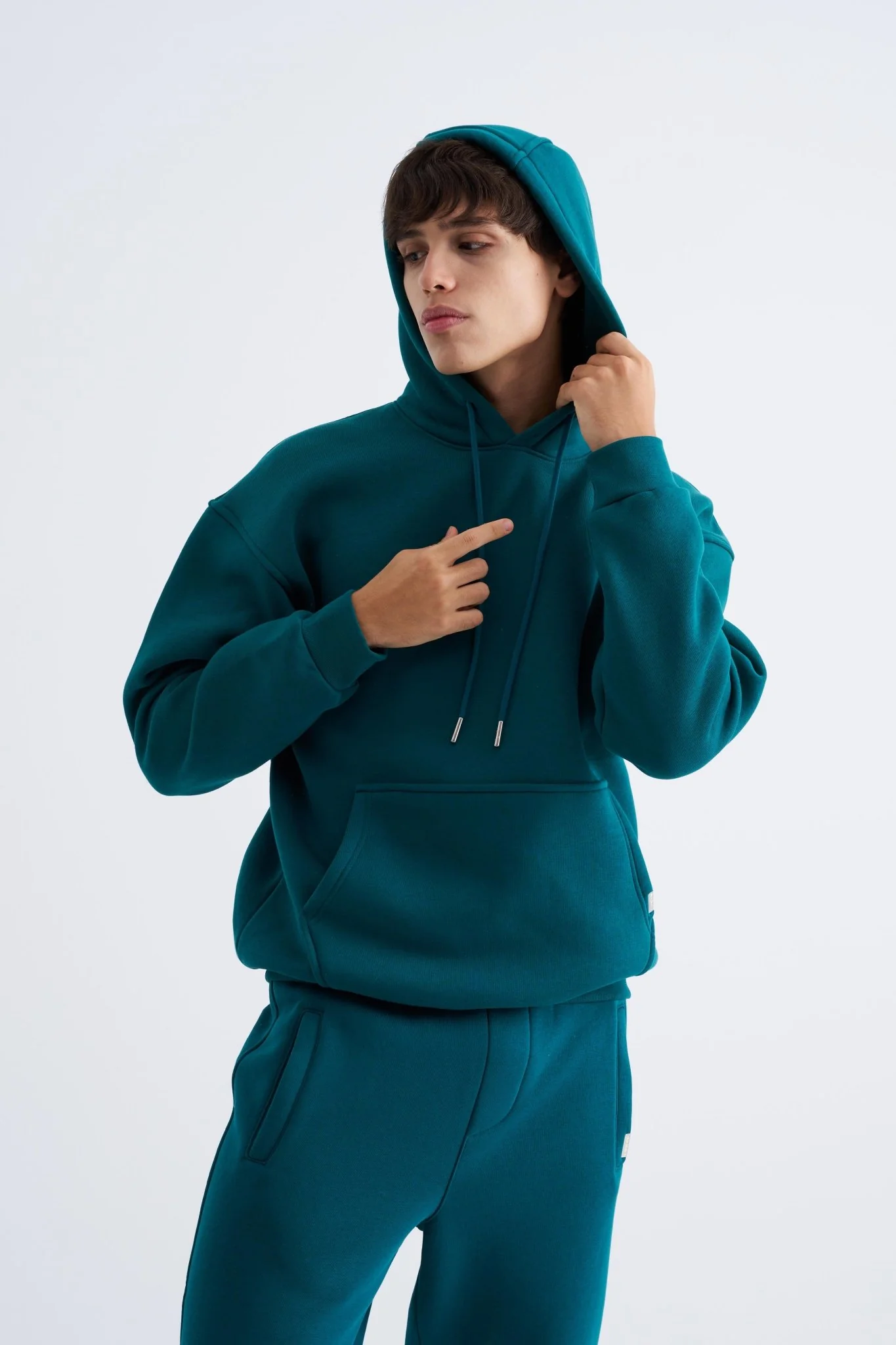 Erkek Oversize Basic Kapüşonlu Sweatshirt Yağ Yeşili - Image 3