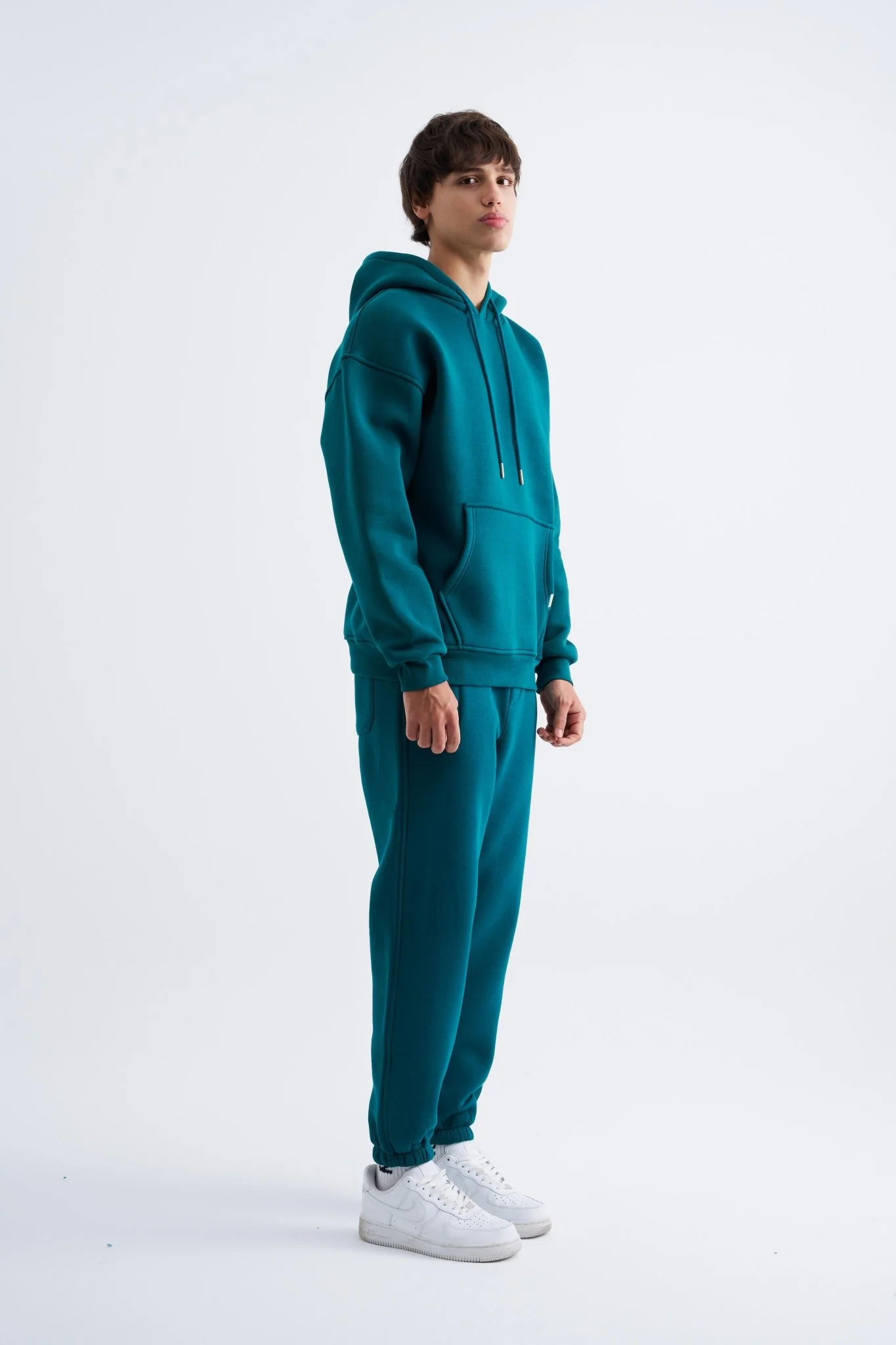 Erkek Oversize Basic Kapüşonlu Sweatshirt Yağ Yeşili - Image 5