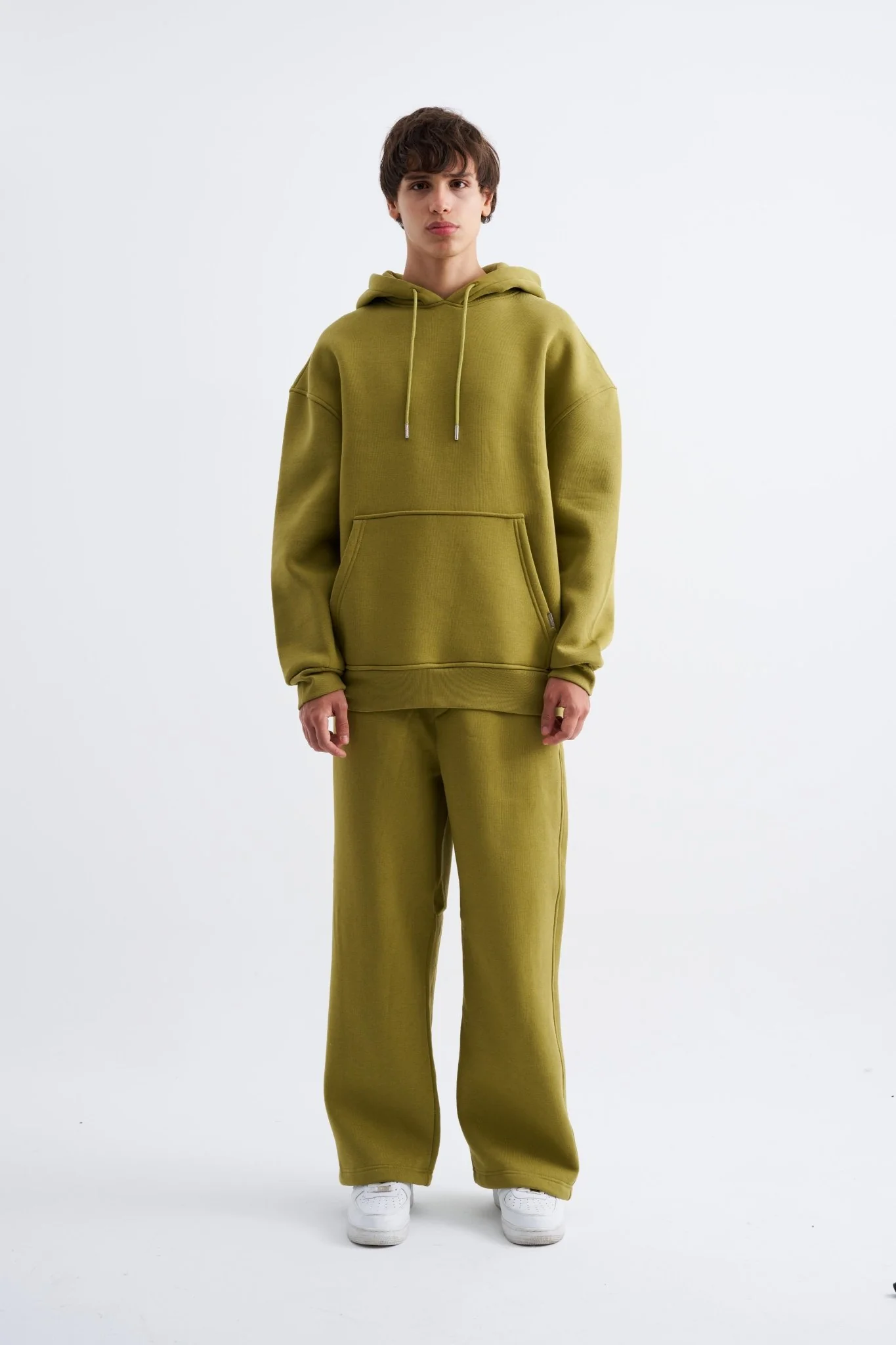 Erkek Oversize Basic Kapüşonlu Sweatshirt Yeşil - Image 4