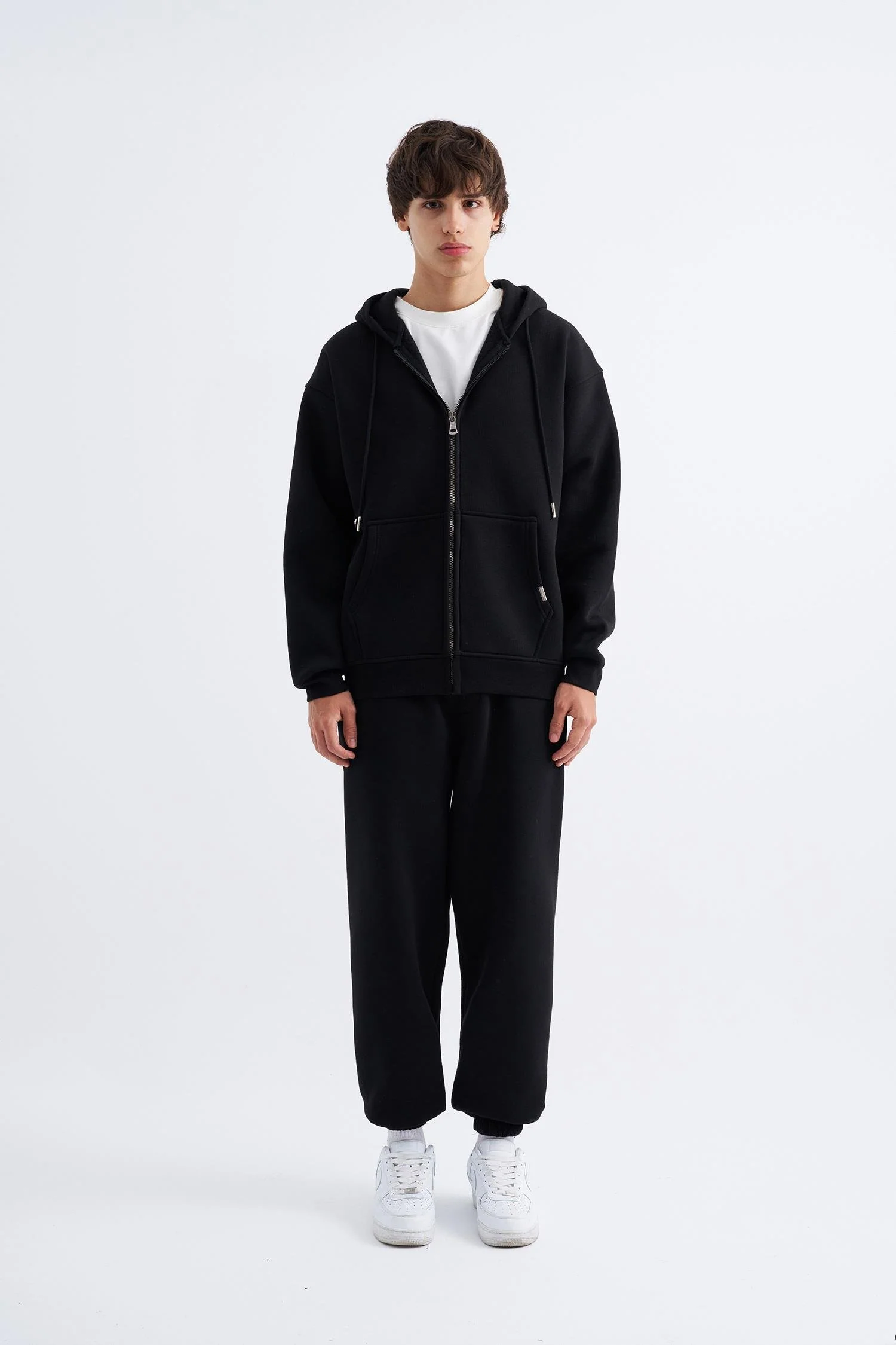 Erkek Oversize Fermuarlı Cepli Kapüşonlu Basic Sweatshirt Siyah - Image 3