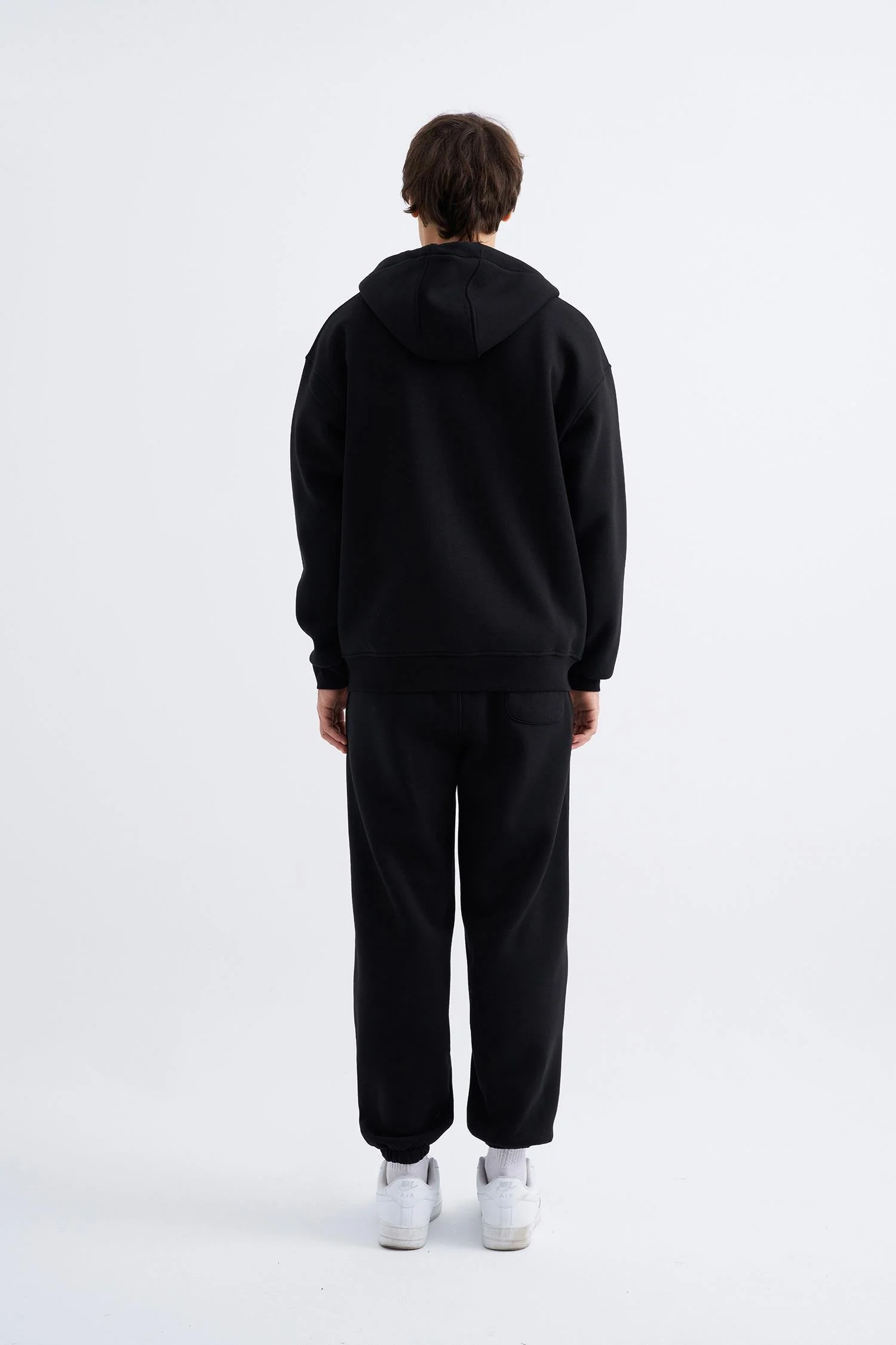 Erkek Oversize Fermuarlı Cepli Kapüşonlu Basic Sweatshirt Siyah - Image 5