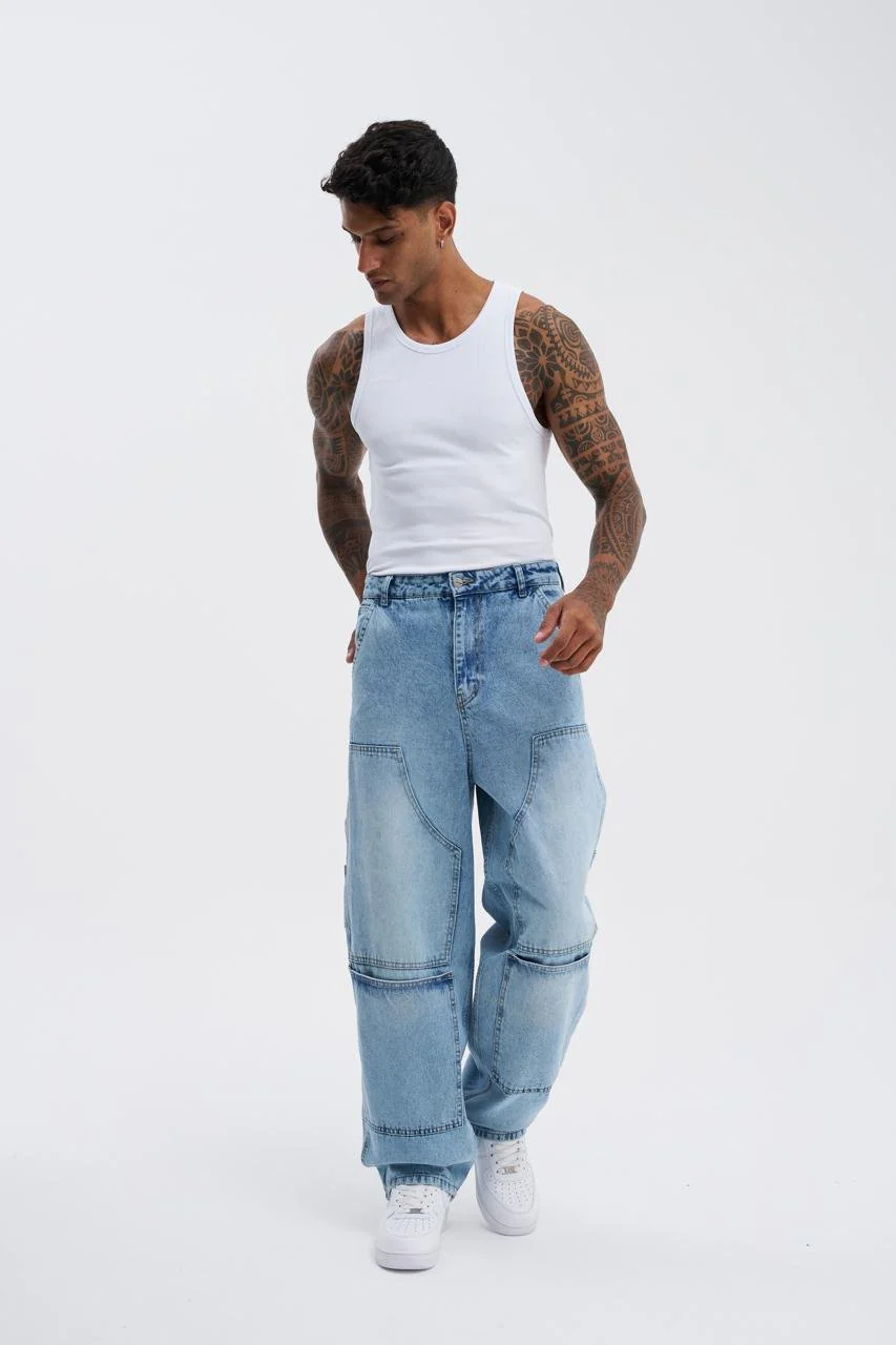 Erkek Oversize Yıkama Efektli Jean Pantolon Açık Mavi - Image 11