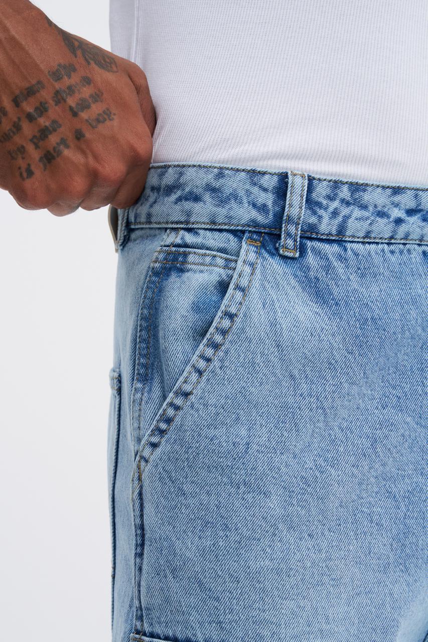 Erkek Oversize Yıkama Efektli Jean Pantolon Açık Mavi - Image 3