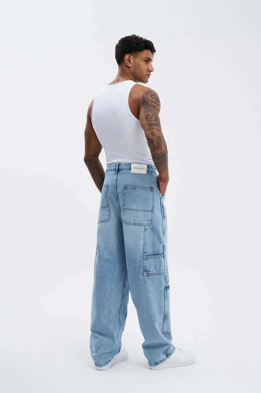 Erkek Oversize Yıkama Efektli Jean Pantolon Açık Mavi - Image 4