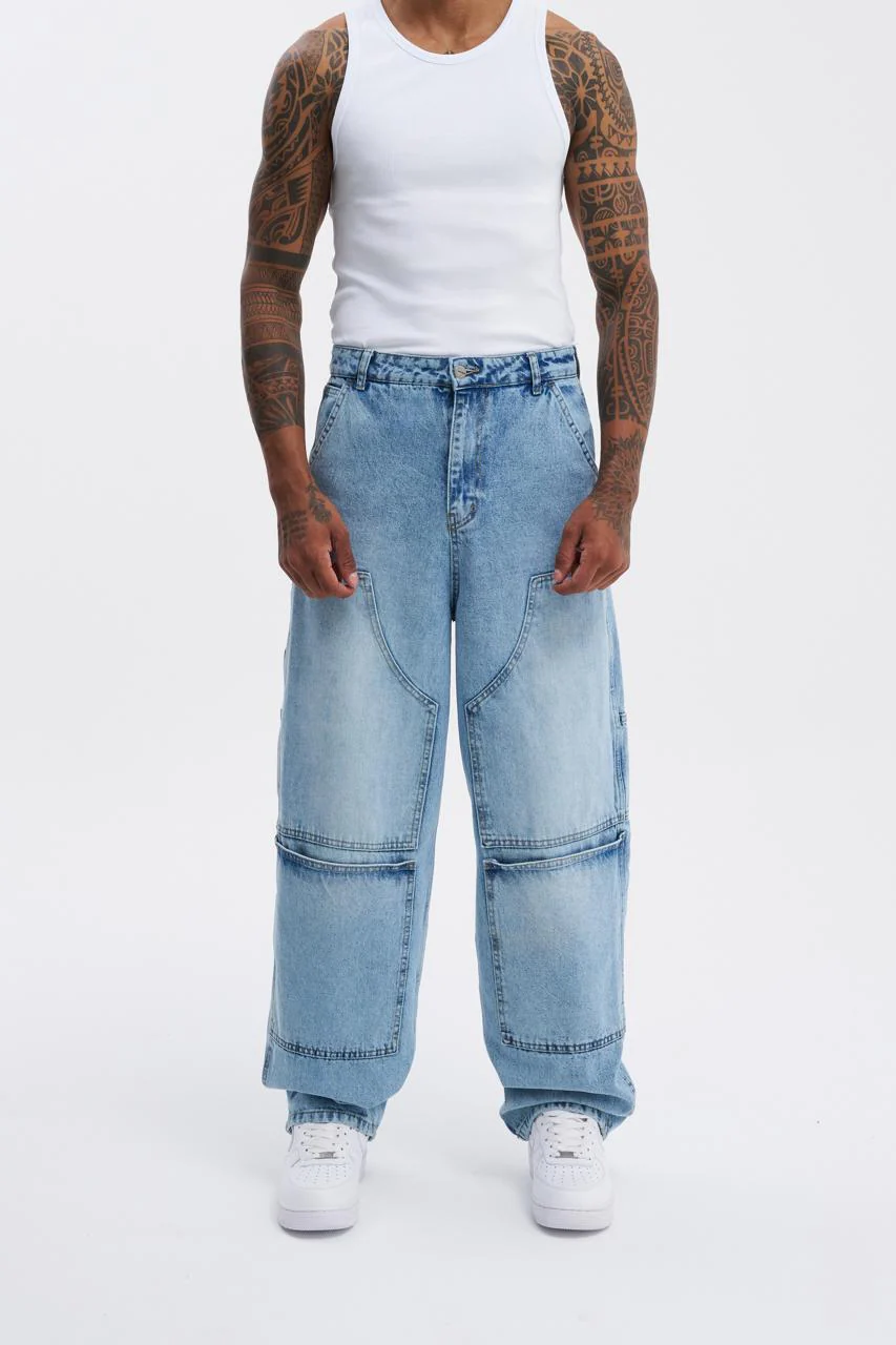 Erkek Oversize Yıkama Efektli Jean Pantolon Açık Mavi - Image 6