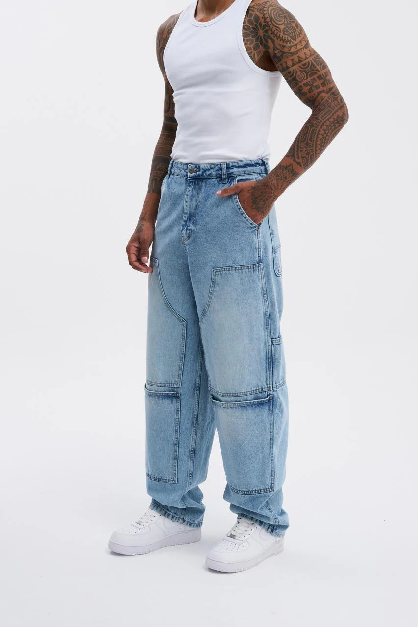 Erkek Oversize Yıkama Efektli Jean Pantolon Açık Mavi - Image 7