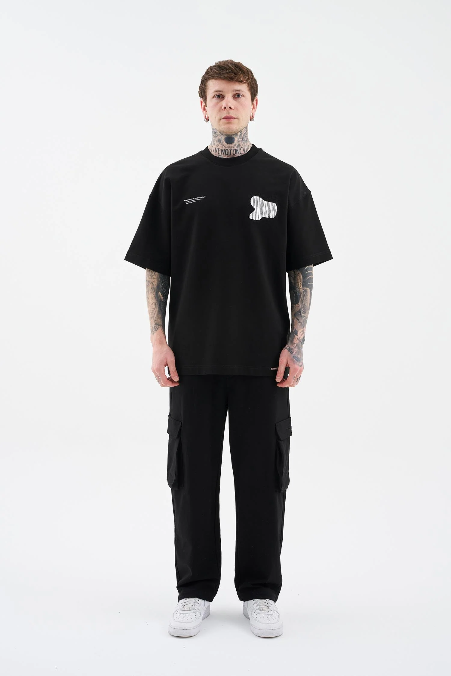Erkek Patchwork and Stitched Oversize Tişört Siyah - Image 7
