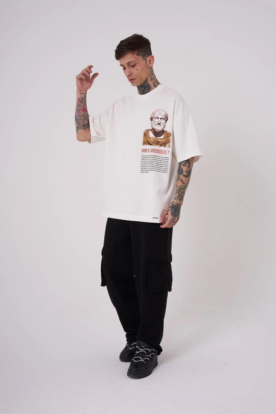 Erkek Premium Aristotales High Baskılı Oversize Tişört Ekru - Image 3