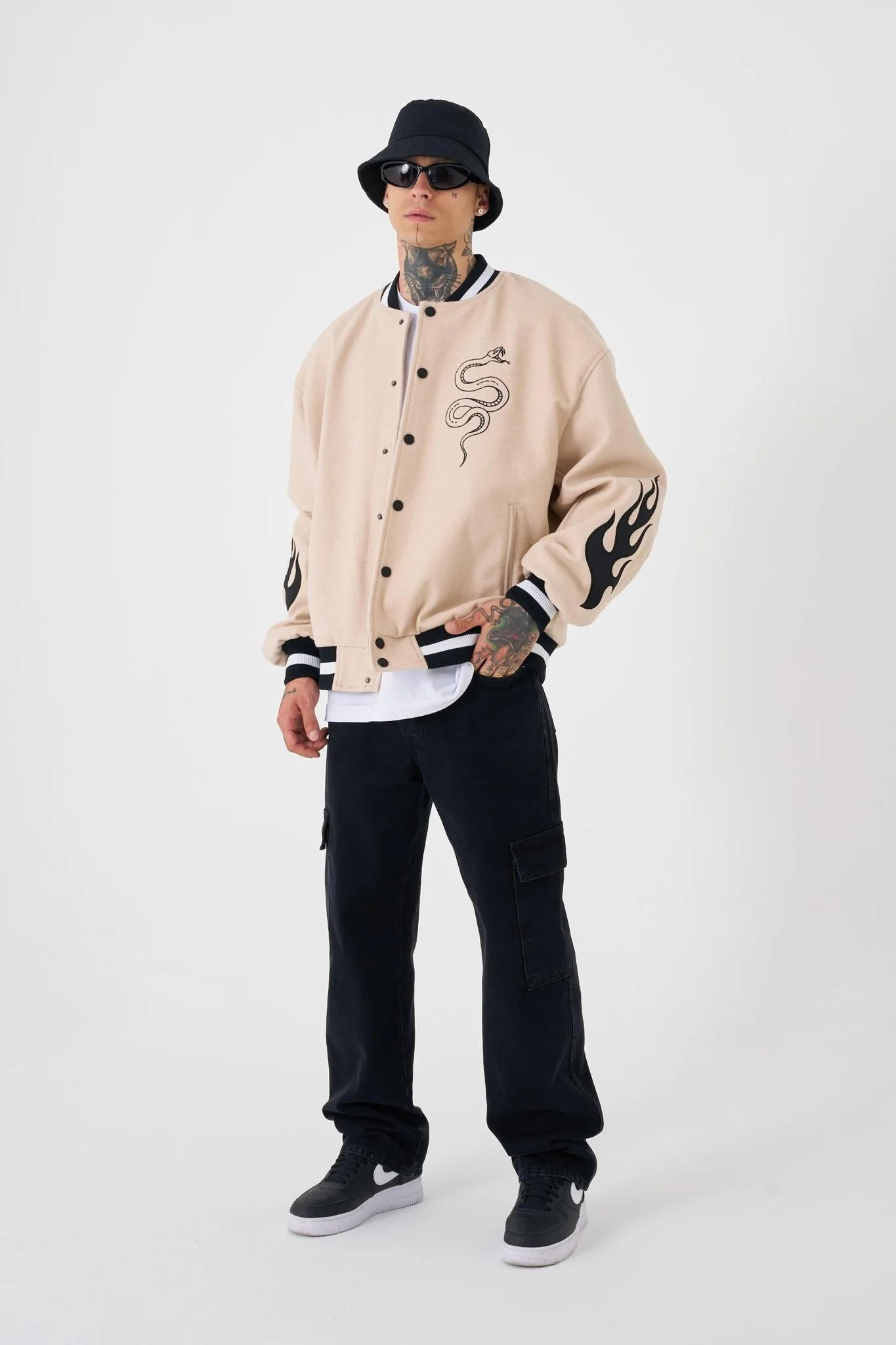 Erkek Snake Oversize Bomber Ceket Bej - Image 4