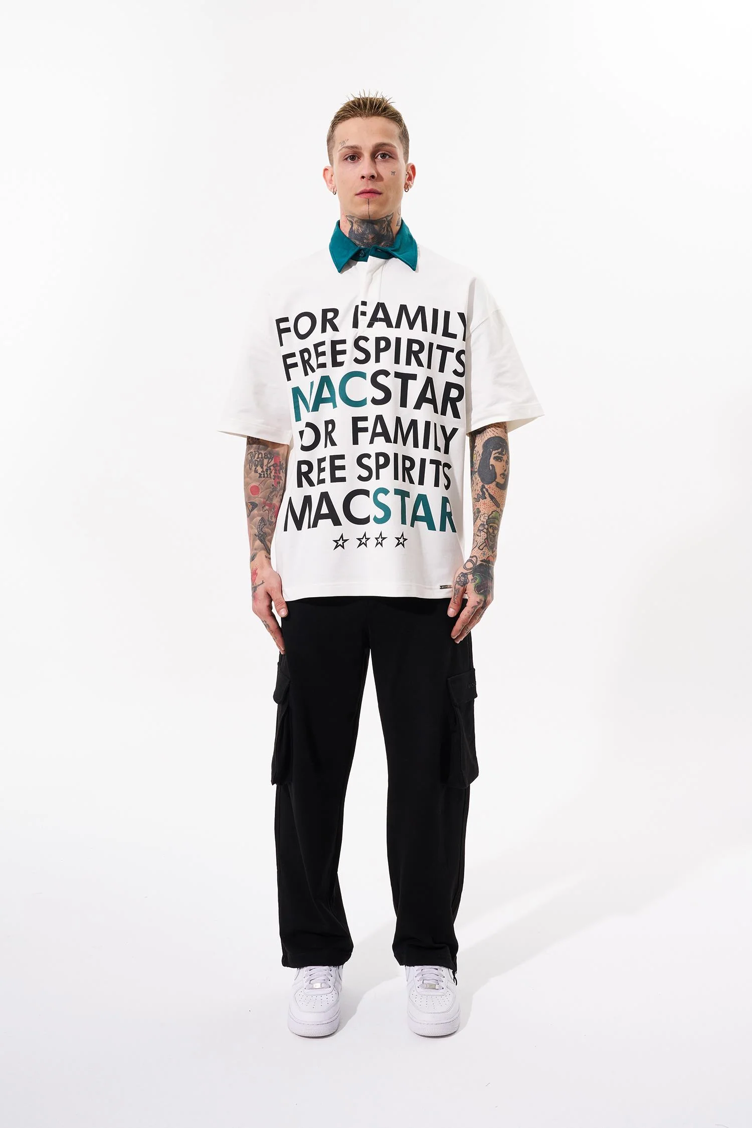 Erkek Wide Prinred Baskılı Polo Yaka Tişört Ekru - Image 4