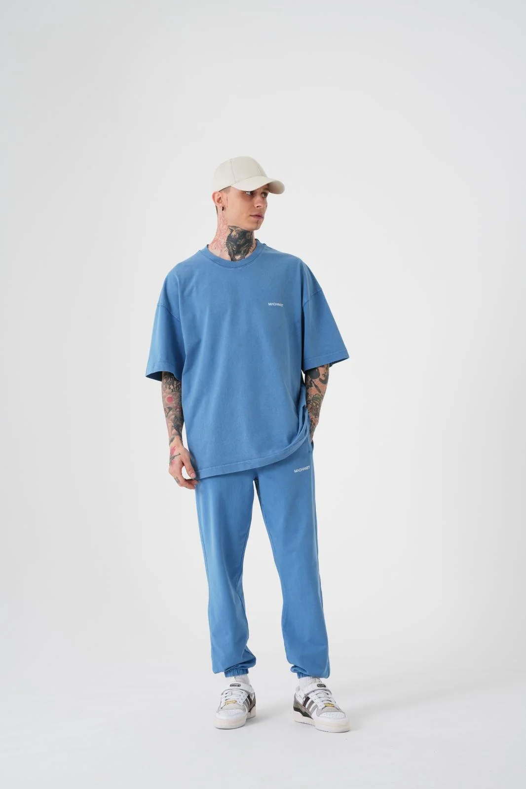Erkek Yıkamalı Pamuklu Oversize Tişört Açık Mavi - Image 3