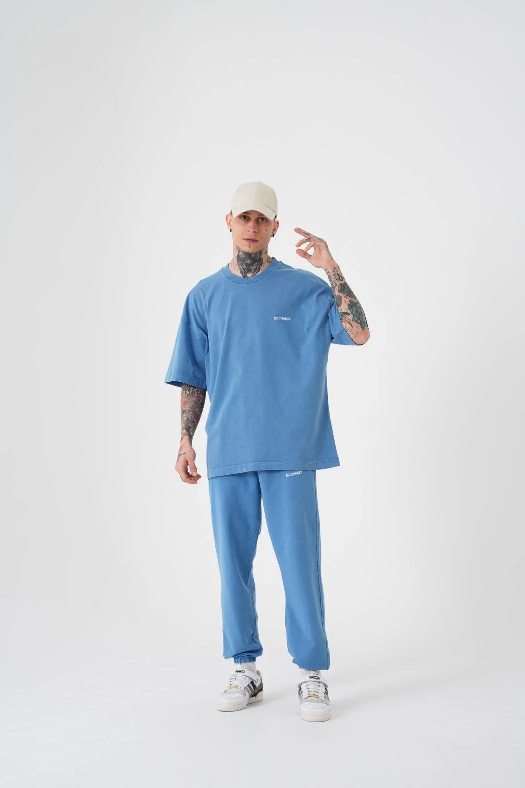 Erkek Yıkamalı Pamuklu Oversize Tişört Açık Mavi - Image 4